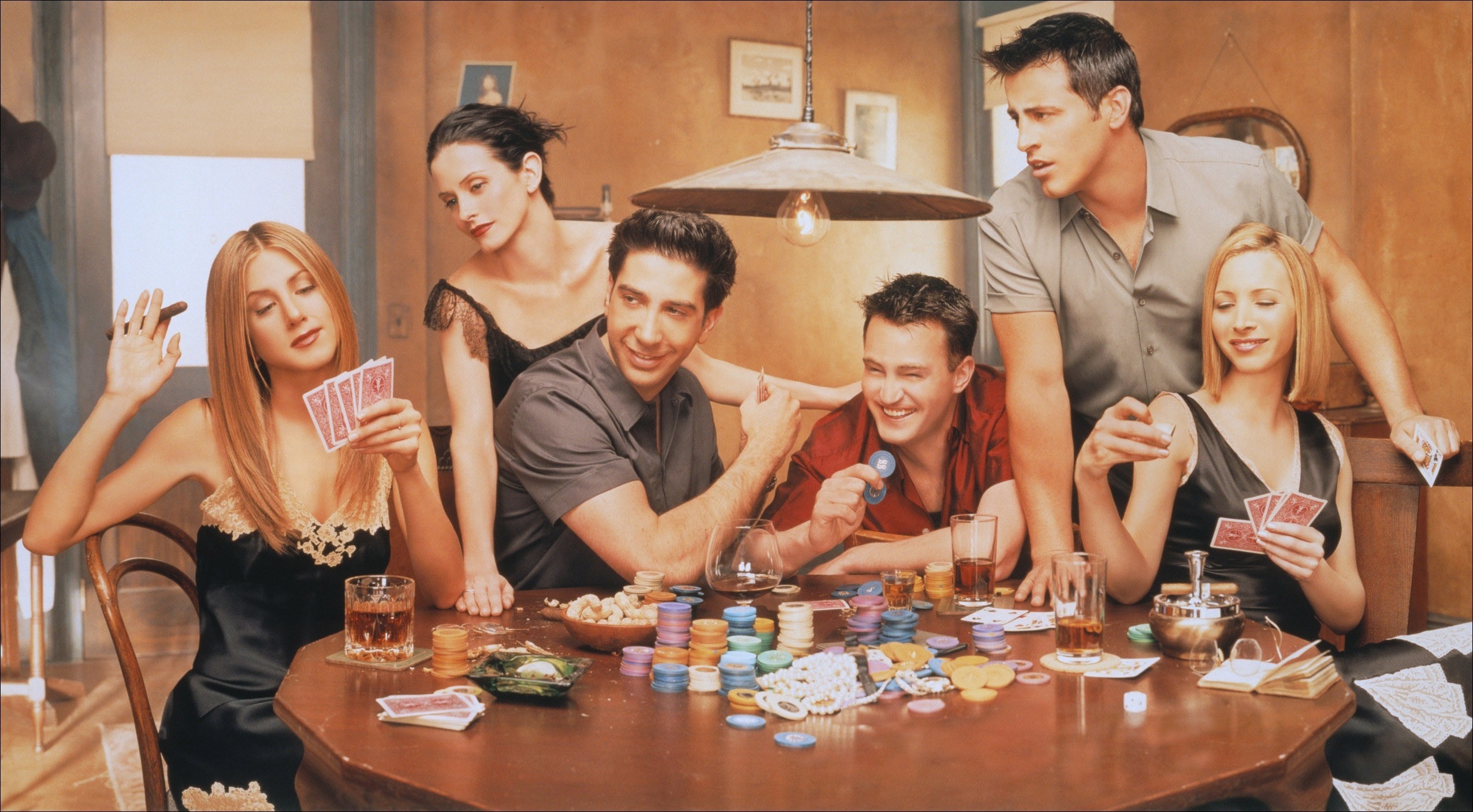 Friendship: Ross Geller, Rachel Green, Monica Geller, Joey Tribbiani, Chandler Bing, and Phoebe Buffay. 2550x1410 HD Background.