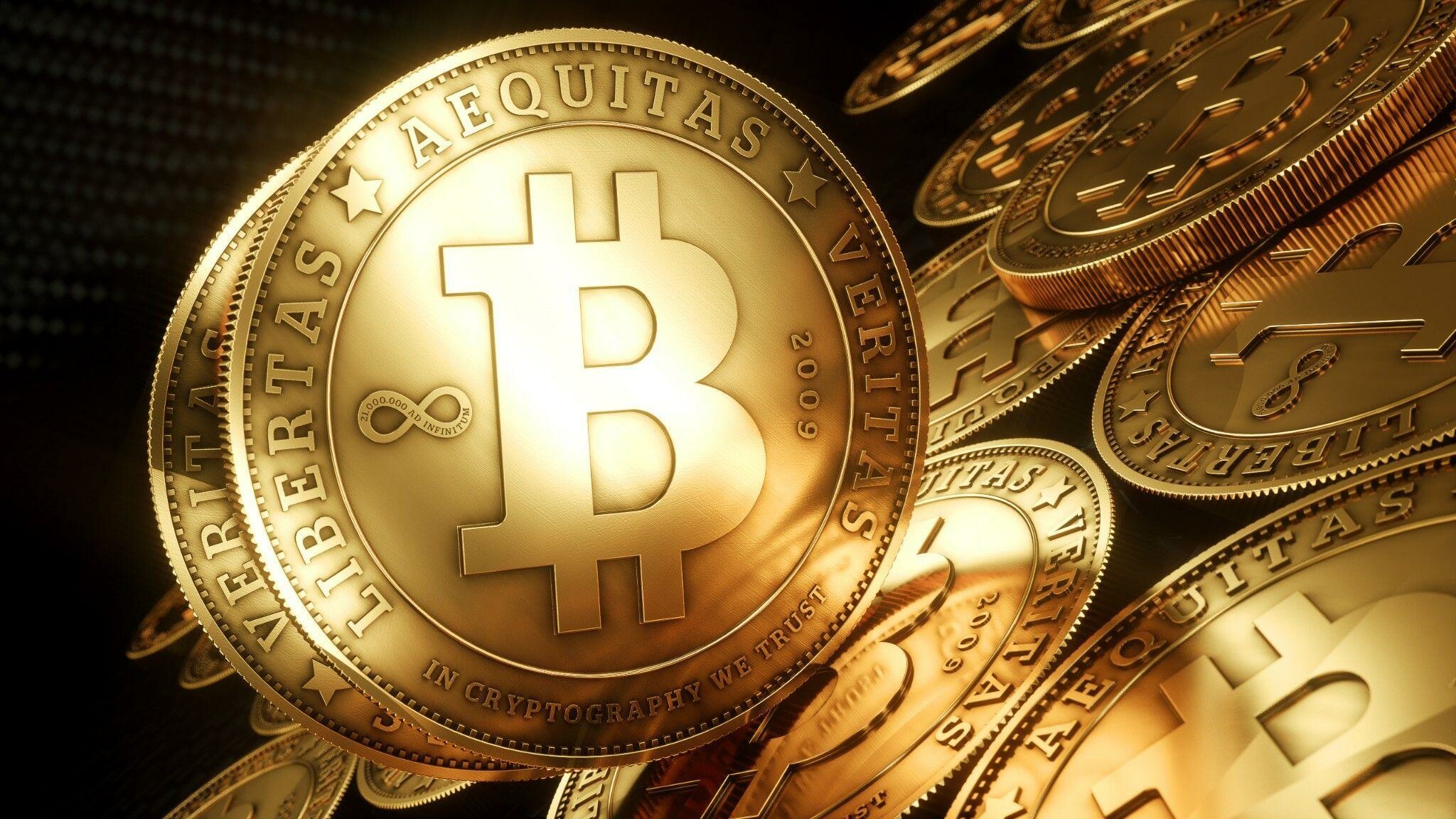 Bitcoin: Currency created for use in peer-to-peer online transactions. 2050x1160 HD Background.