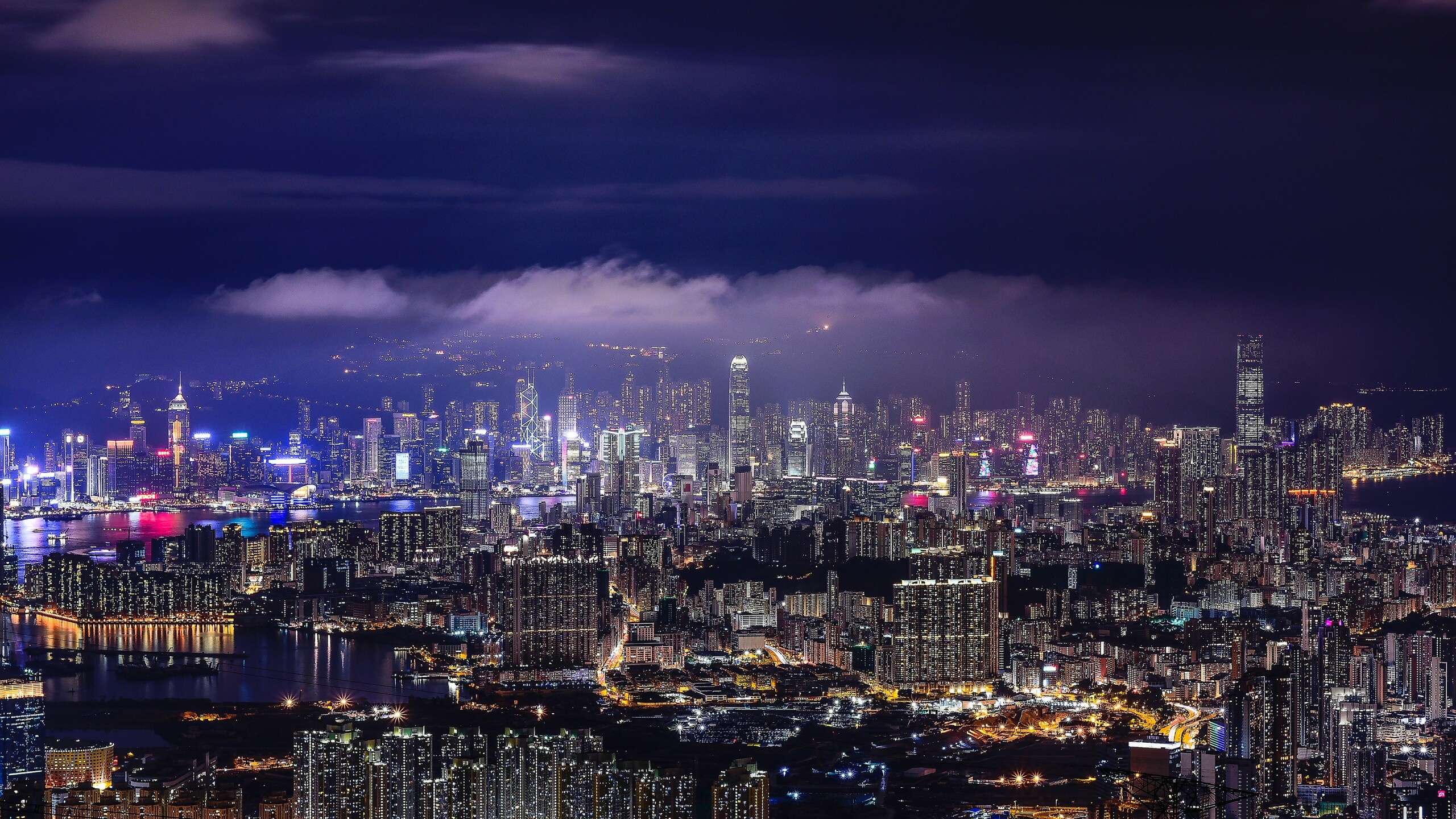 Hong Kong: Cityscape, HK, Night, City lights, Skyline. 2560x1440 HD Wallpaper.