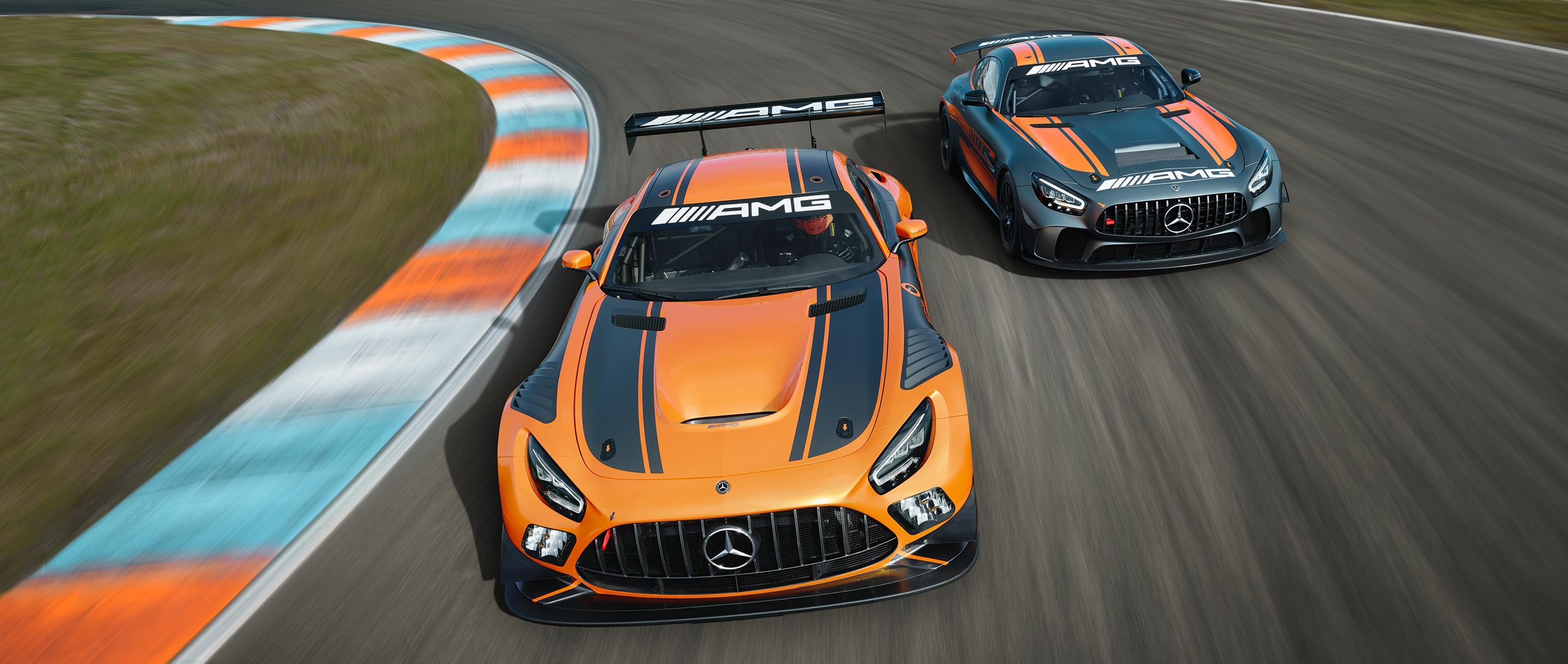 Motorsports: Mercedes-AMG GT3 and GT4 roadsters, Grand tourers - cars designed for high-speed and long-distance travel. 3400x1440 Dual Screen Wallpaper.