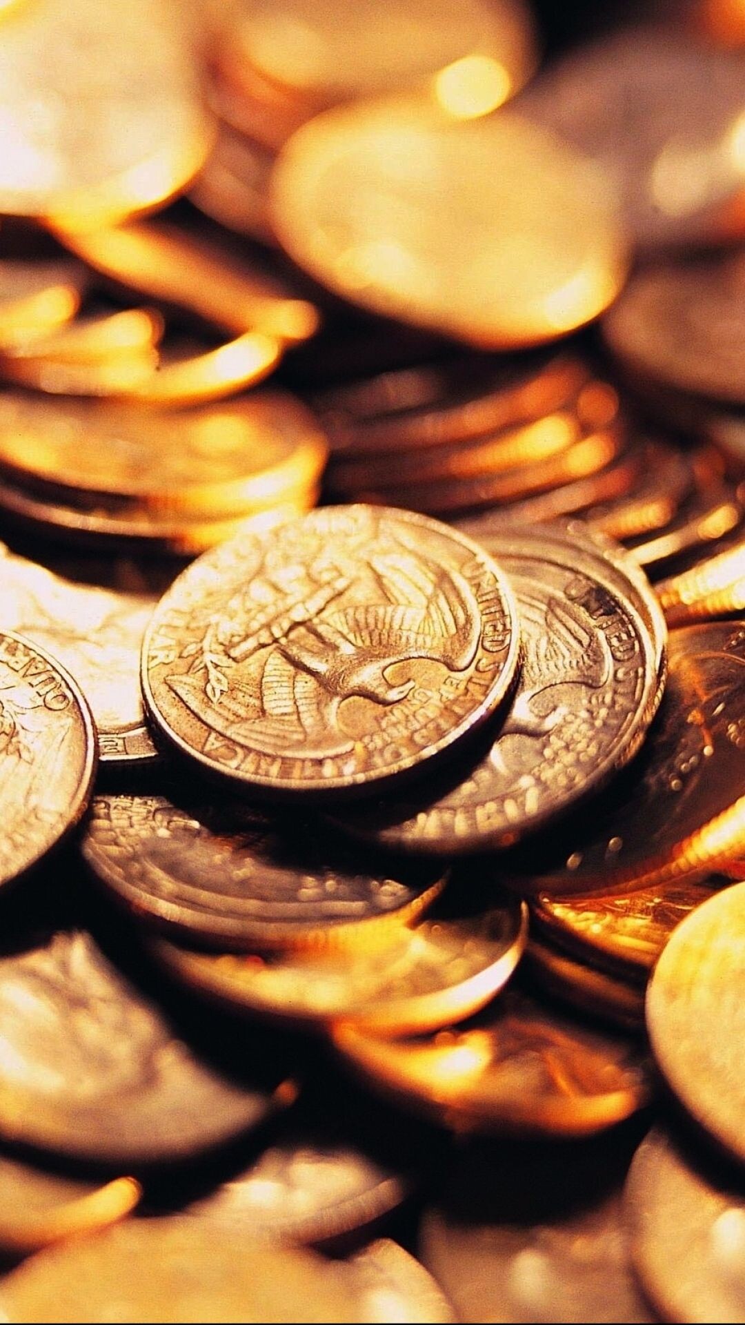 Gold Coins: Scattering of USA money made of yellow metal, Liberty Head quarter eagle. 1080x1920 Full HD Wallpaper.
