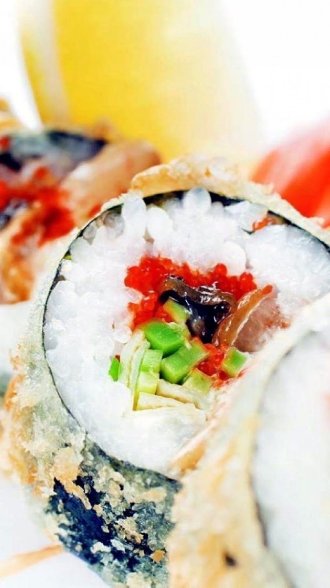 Sushi: A seaweed wrapped around cooked rice, raw or cooked fish, vegetables. 1080x1920 Full HD Wallpaper.