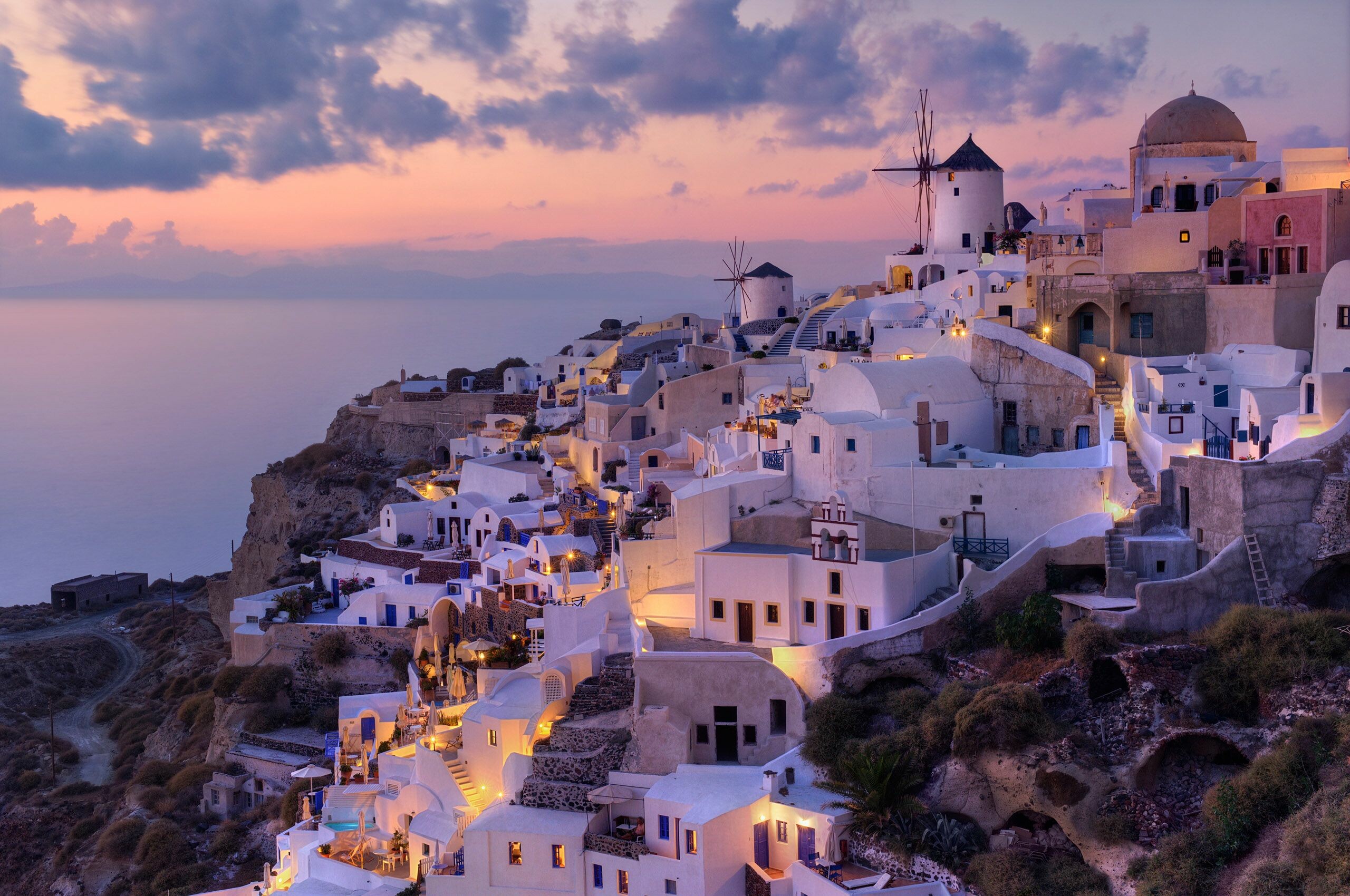Greece: Mykonos, Sunset of Santorini, Urban area, Townscape. 2560x1700 HD Background.