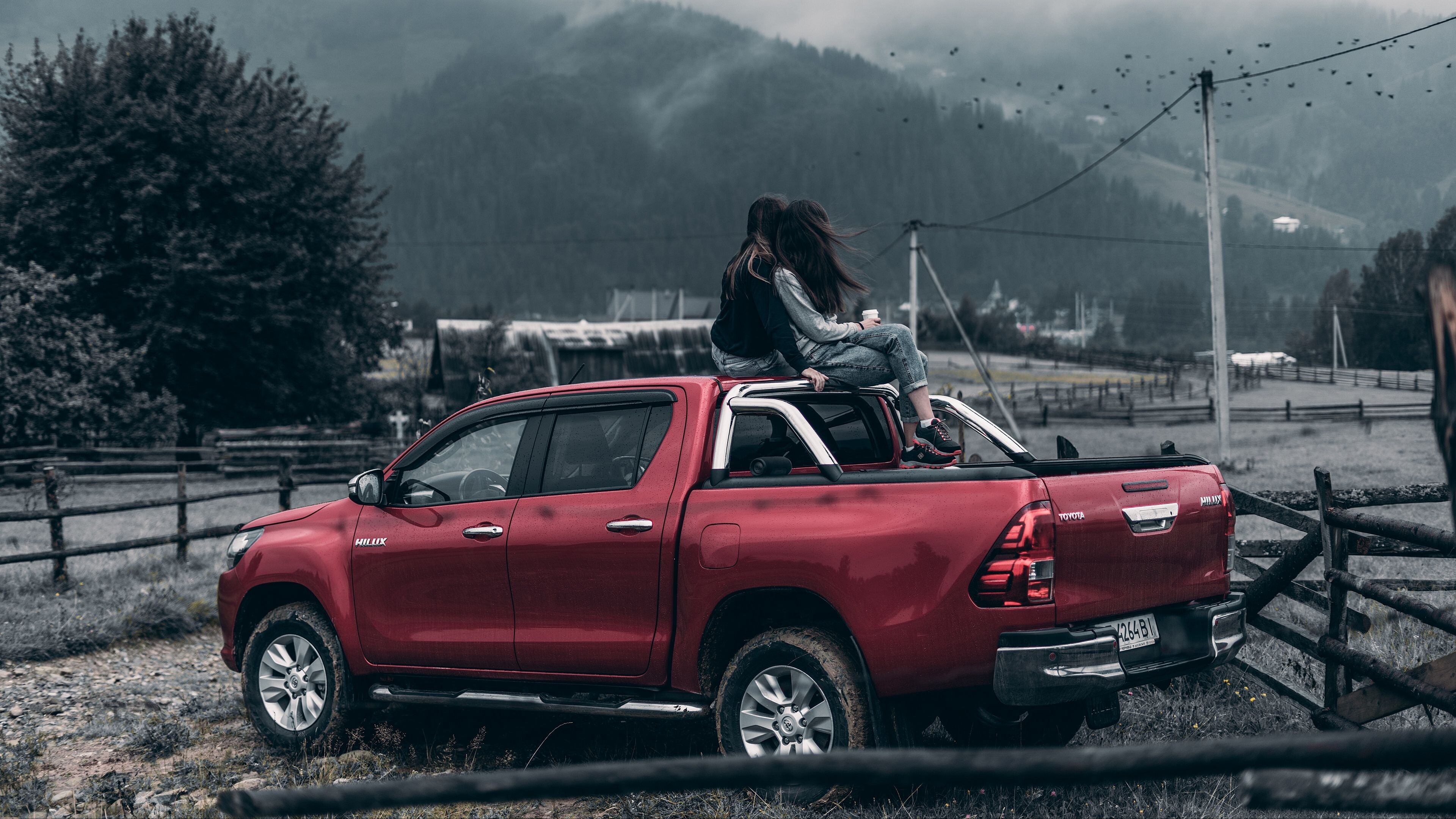 Girls and Trucks: Toyota Hilux, A new pickup model produced by the Japanese automobile manufacturer Toyota. 3840x2160 4K Wallpaper.