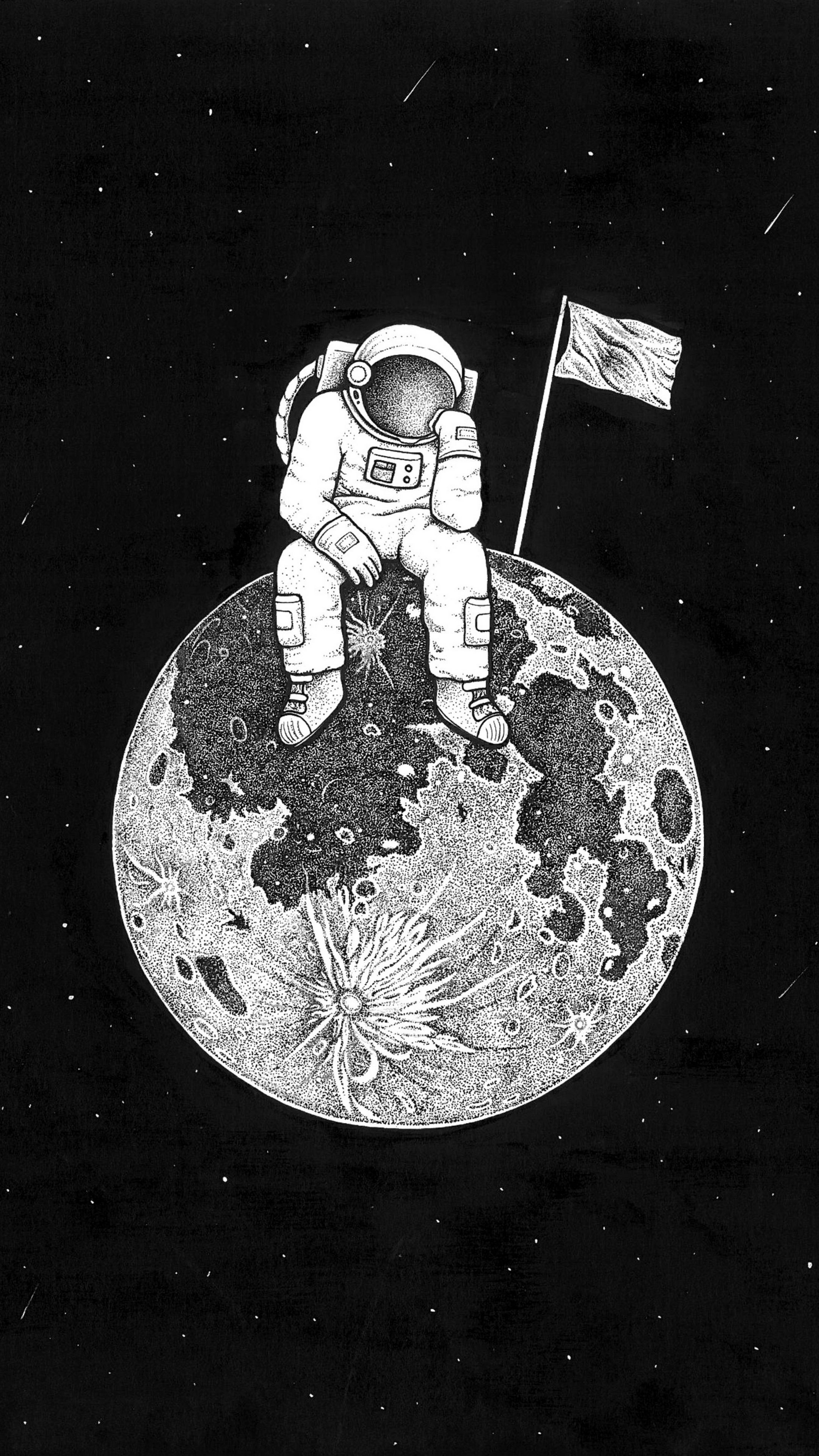 Astronaut, Space art, Planet drawing, B&W, 2160x3840 4K Phone