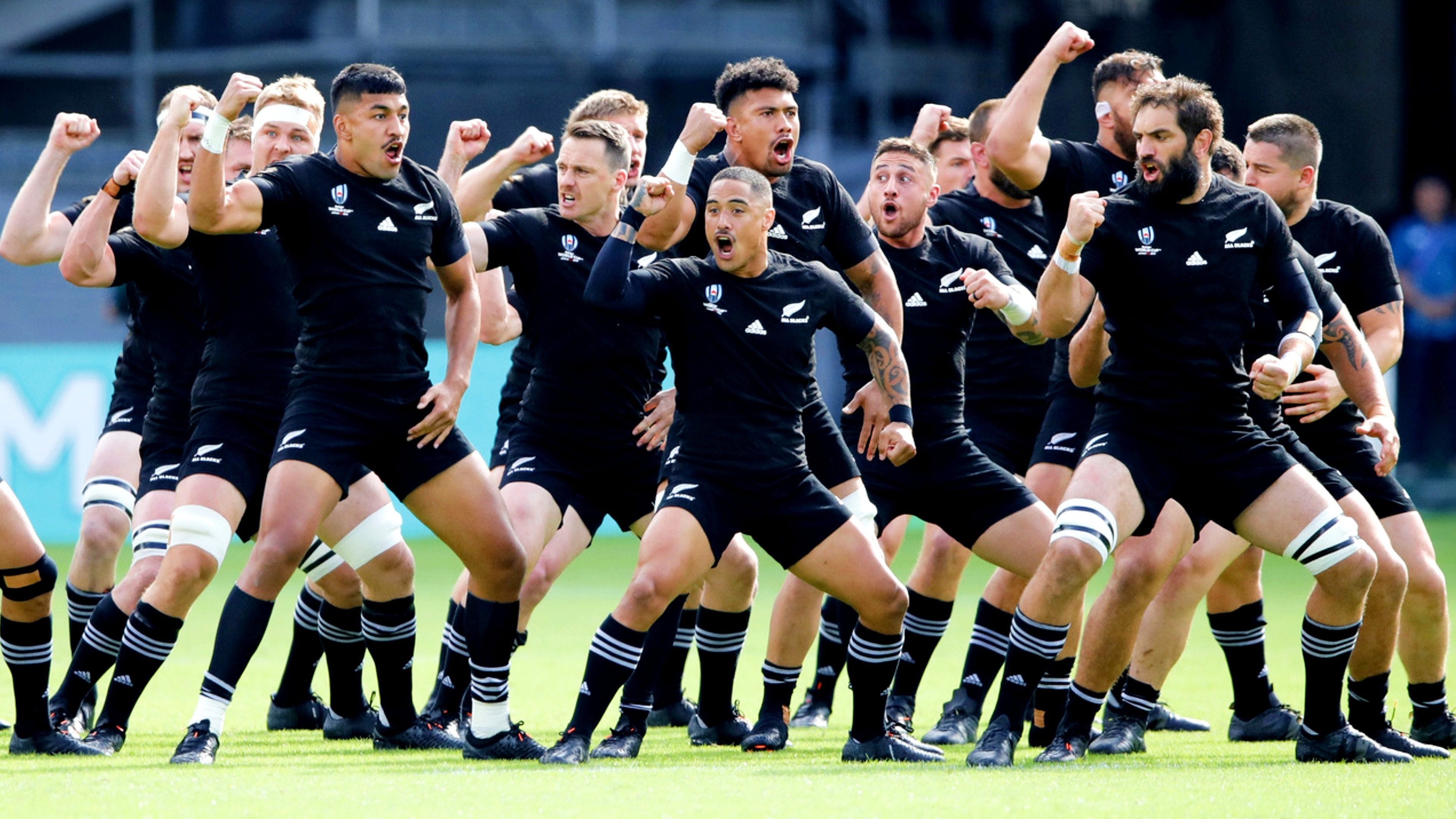 Haka: The All Blacks, Performing the haka, Rugby World Cup Pool B, Tokyo Stadium, New Zealand and Namibia. 3840x2160 4K Background.