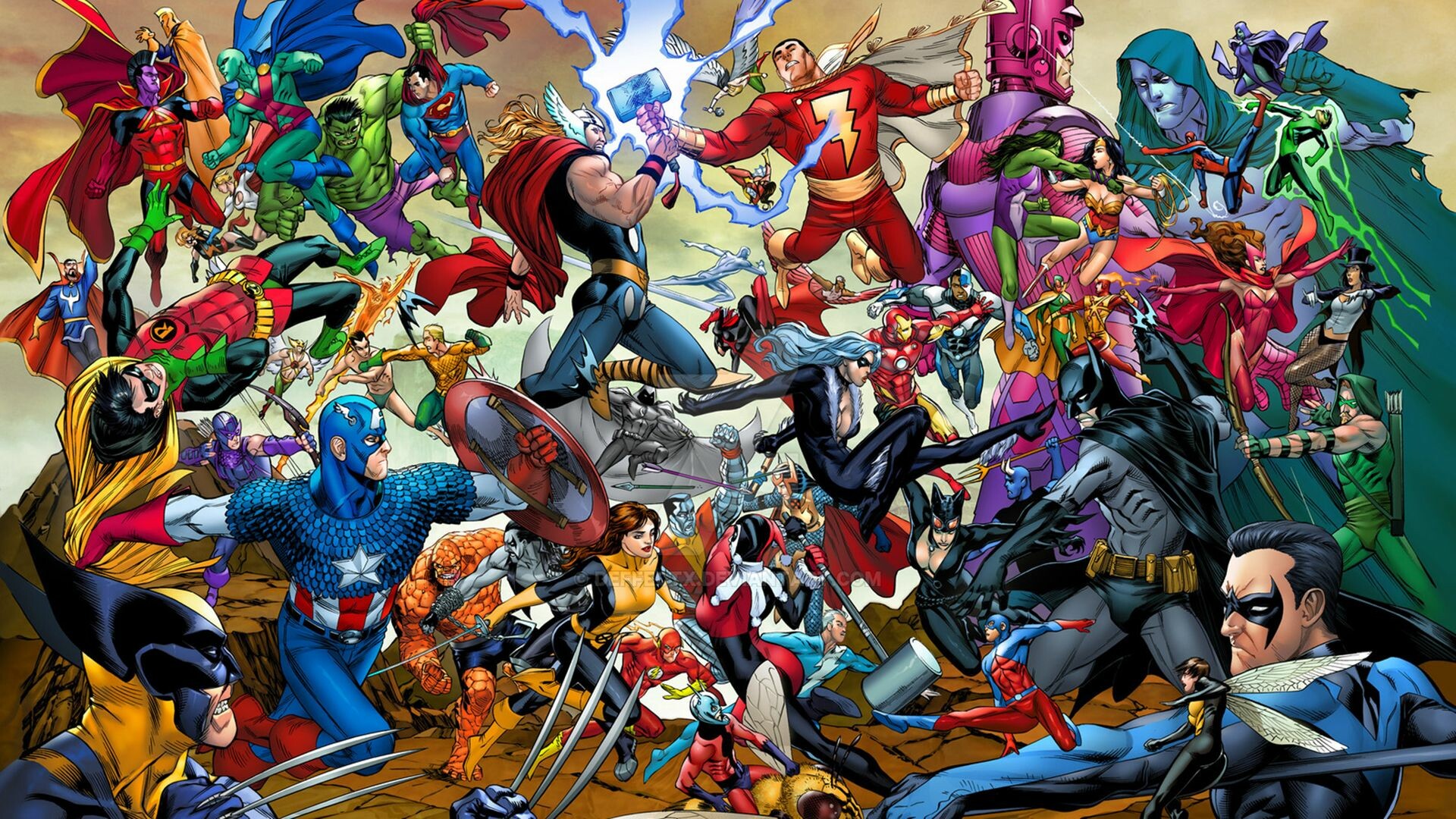 DC vs. Marvel: Batman, Captain America, Hulk, Thor, Wolverine, Shazam, Wasp, Catwoman, Dr. Doom, Robin. 1920x1080 Full HD Wallpaper.