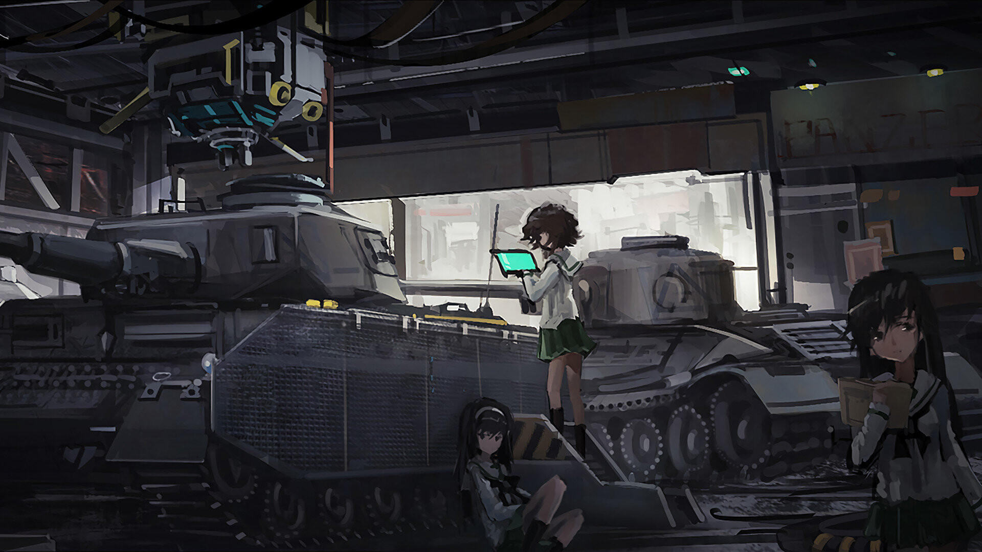 Girls und Panzer: Tank garage bunker, The Anglerfish Team, Japanese anime series. 1920x1080 Full HD Wallpaper.