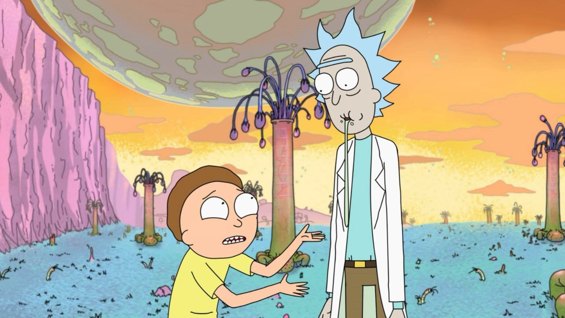 Rick and Morty: An eccentric, alcoholic scientist who takes his grandson on dangerous, outlandish adventures. 1920x1080 Full HD Wallpaper.