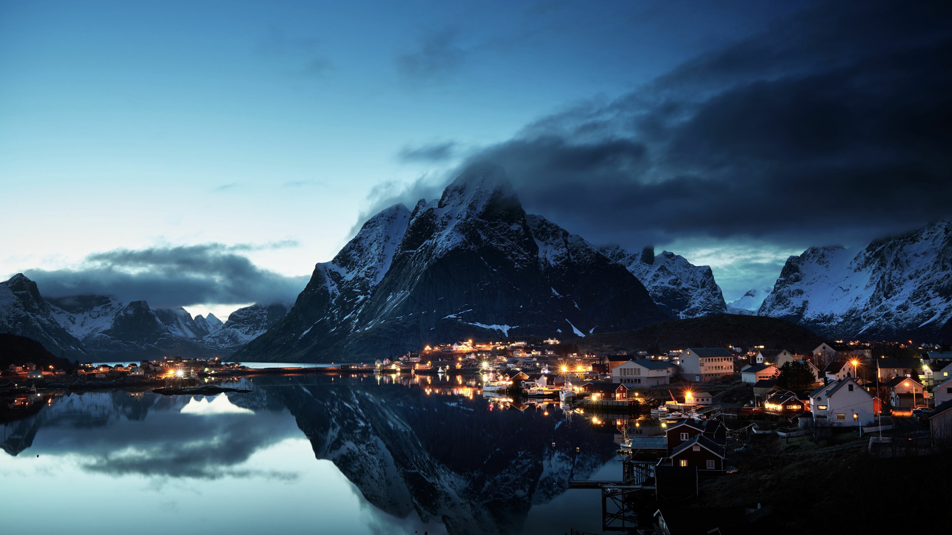 Norway: Lofoten, Mountains, Evening, Coast, Viking Country, North. 3840x2160 4K Background.