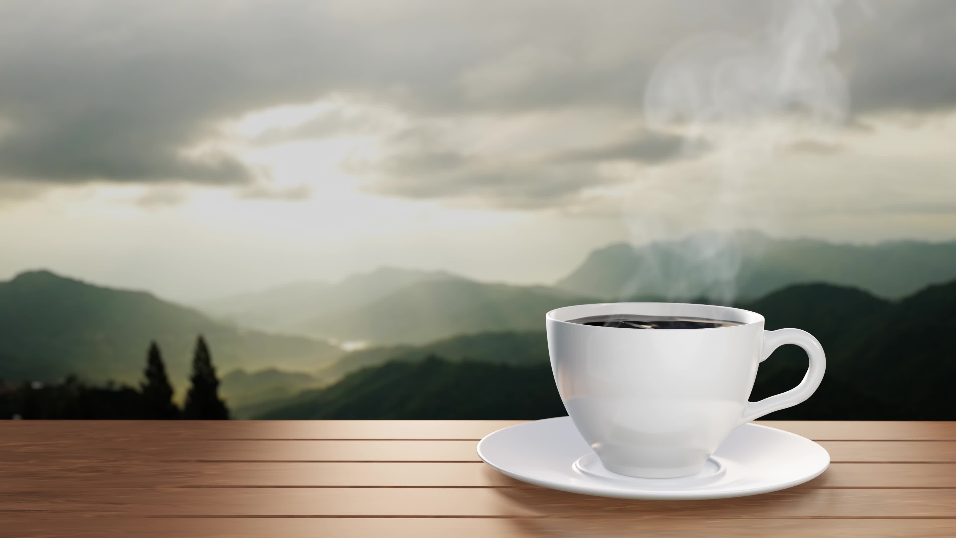 Black coffee mug, Mountain morning, Hot steam, Breakfast scenery, 3840x2160 4K Desktop