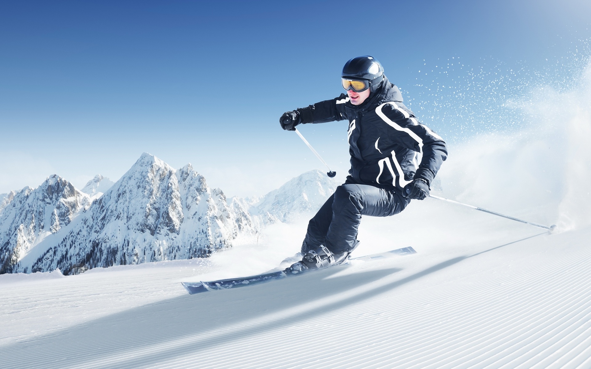 Skiing: Downhill in a wavy course, Gliding on snow, Alpine skiing, Slalom. 1920x1200 HD Background.