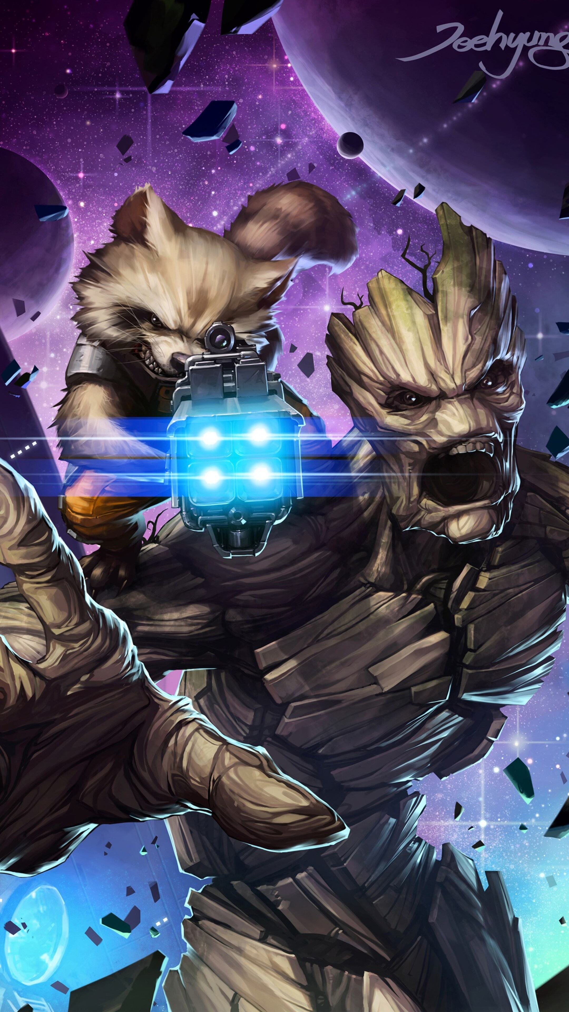 Rocket and Groot, Sony Xperia wallpapers, HD backgrounds, 2160x3840 4K Handy