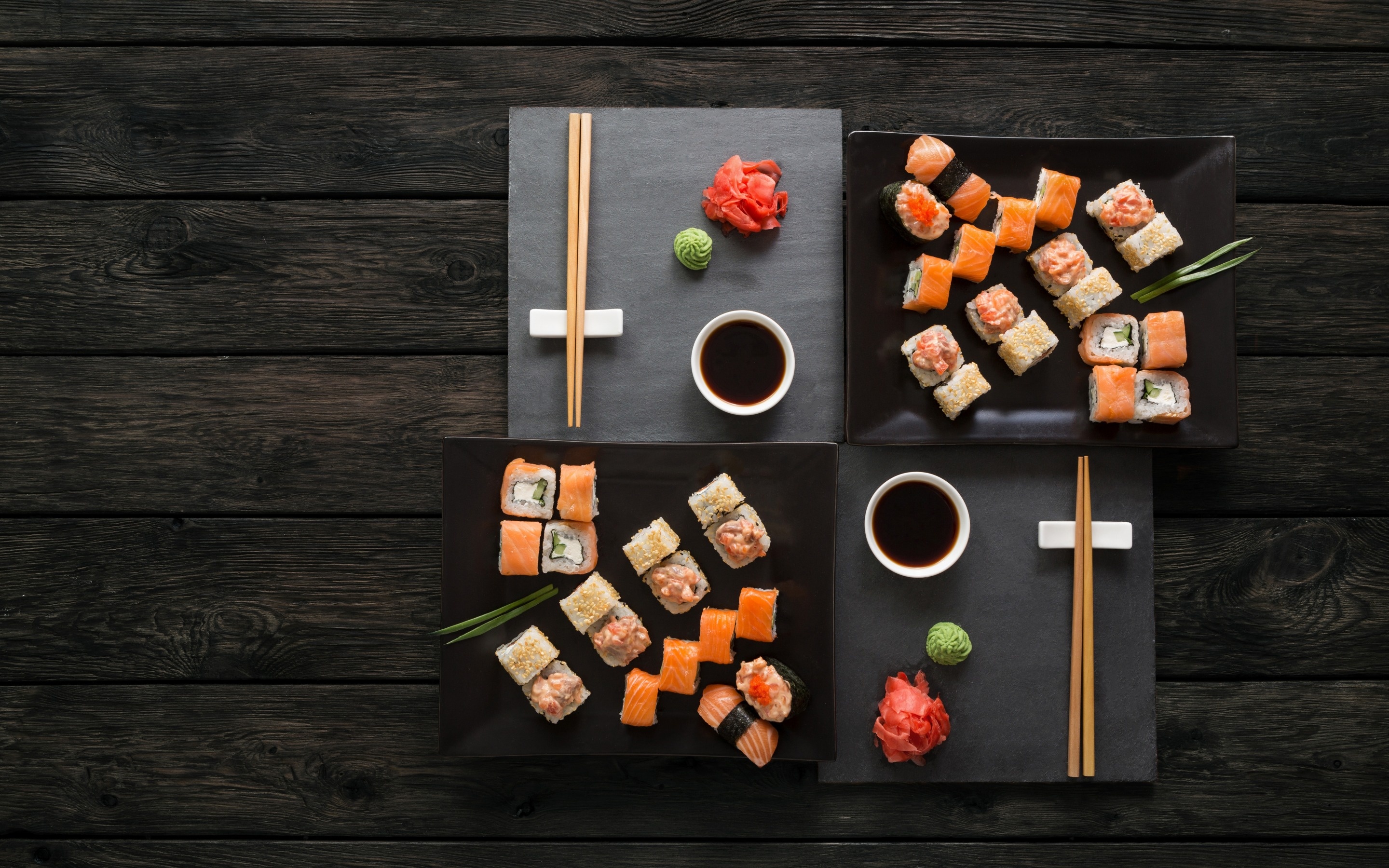 Sushi: Traditionally made with medium-grain white rice, Soy sauce. 2880x1800 HD Background.