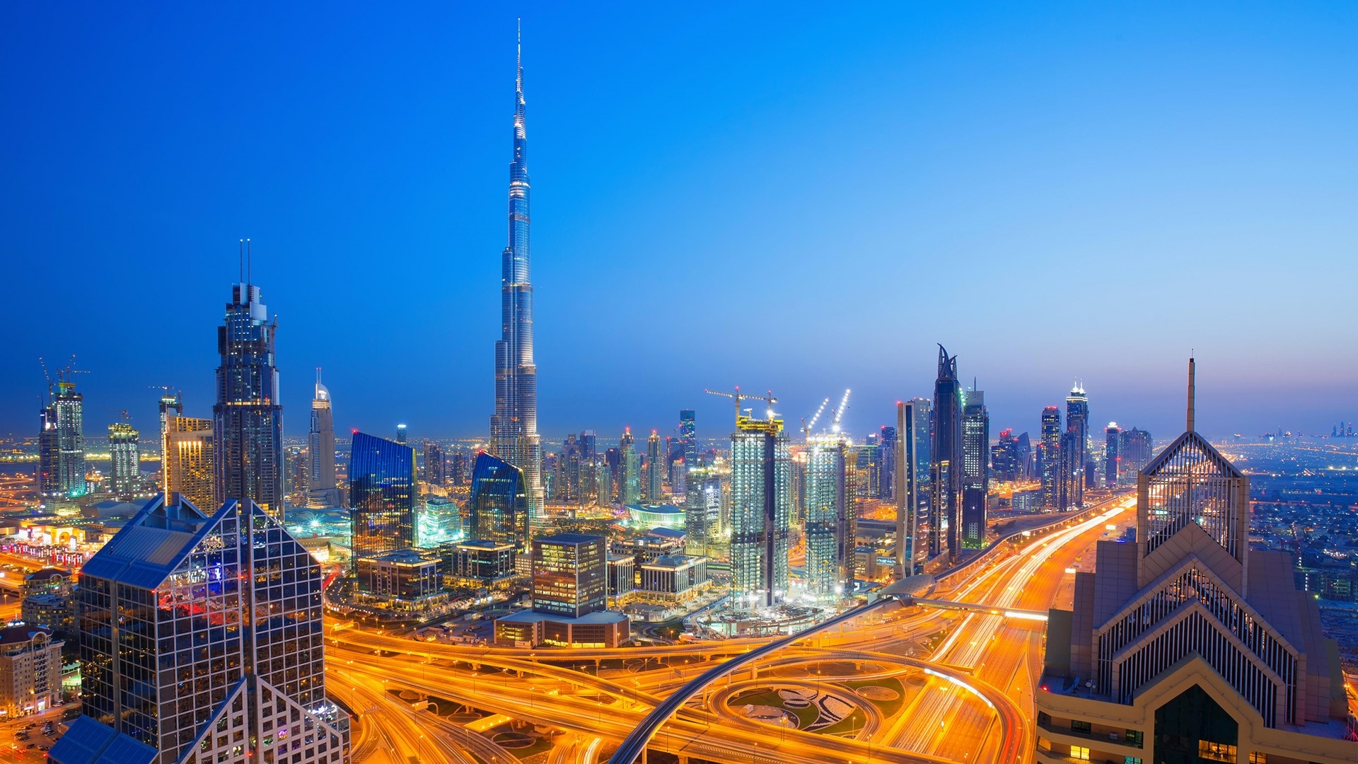 Dubai skyline, Sunset view, City center lights, Windows 10 spotlight, 1920x1080 Full HD Desktop