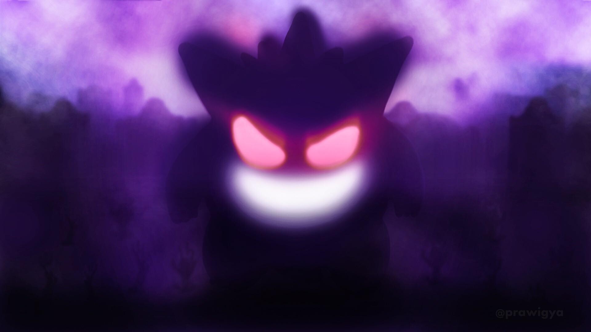 Gengar: Dark purple Pokemon with red eyes, Taking delight in its victim's terror. 1920x1080 Full HD Background.