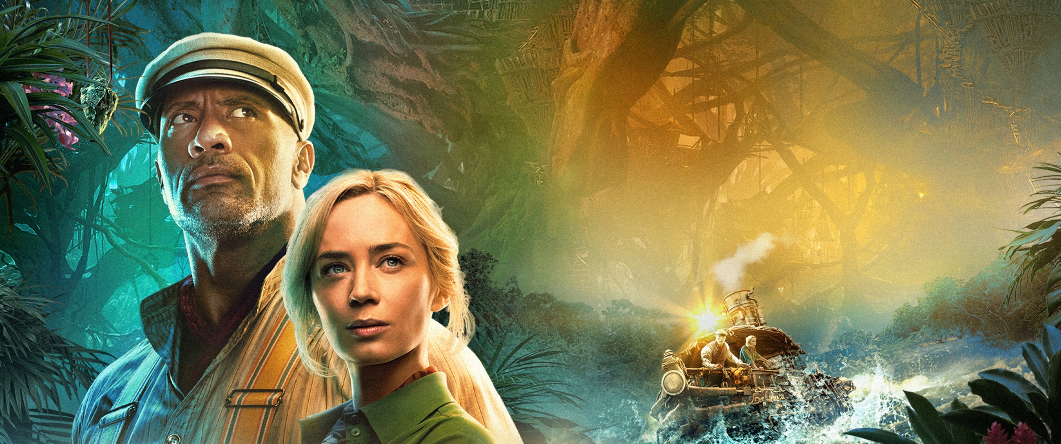 Jungle Cruise wallpaper 4k, Dwayne Johnson and Emily Blunt, Exciting summer release, Action-packed adventure, 3440x1440 Dual Screen Desktop