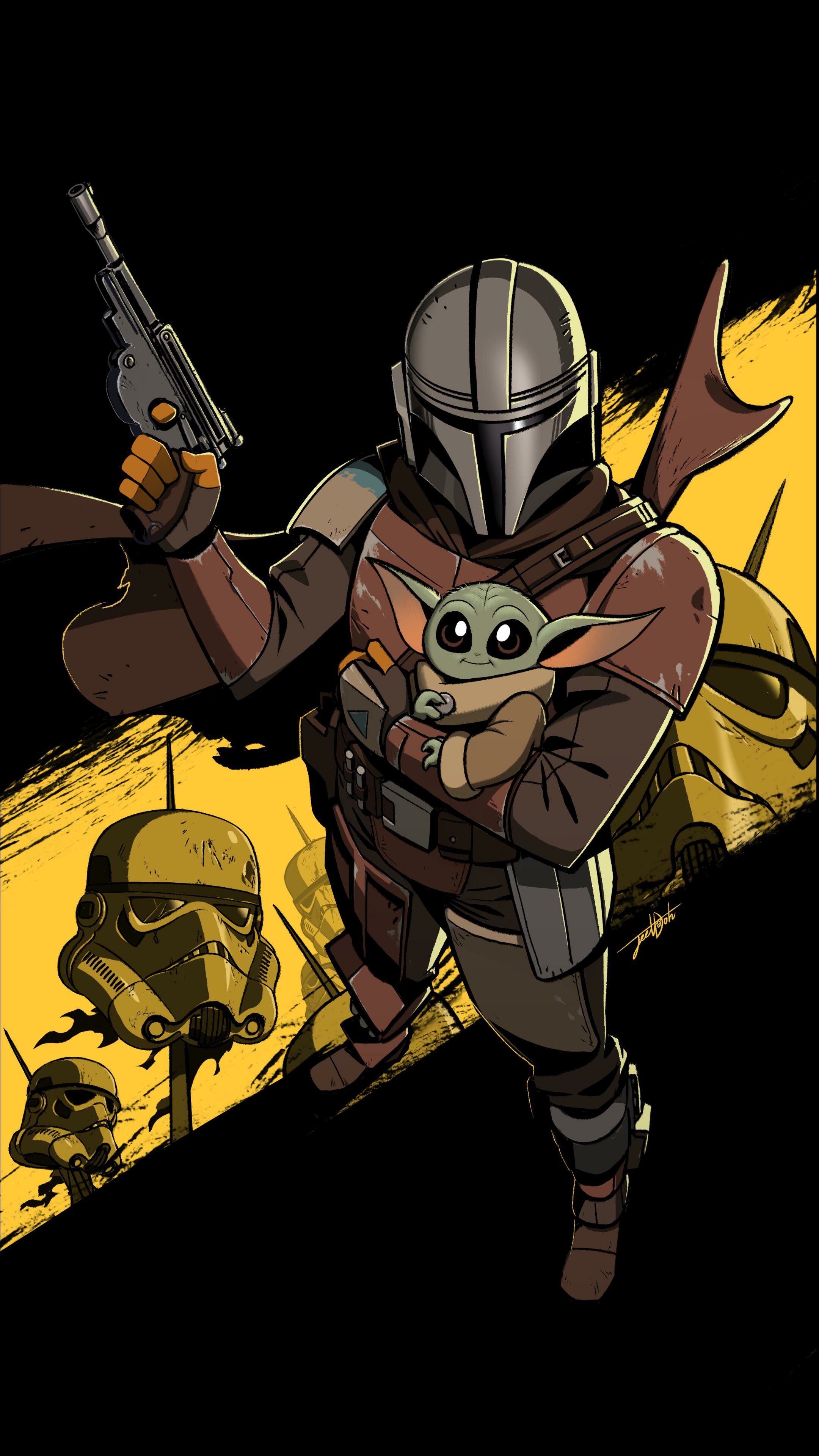 The Mandalorian: He is hired by remnant Imperial forces to retrieve the child Grogu, but instead goes on the run to protect the infant. 2160x3840 4K Wallpaper.