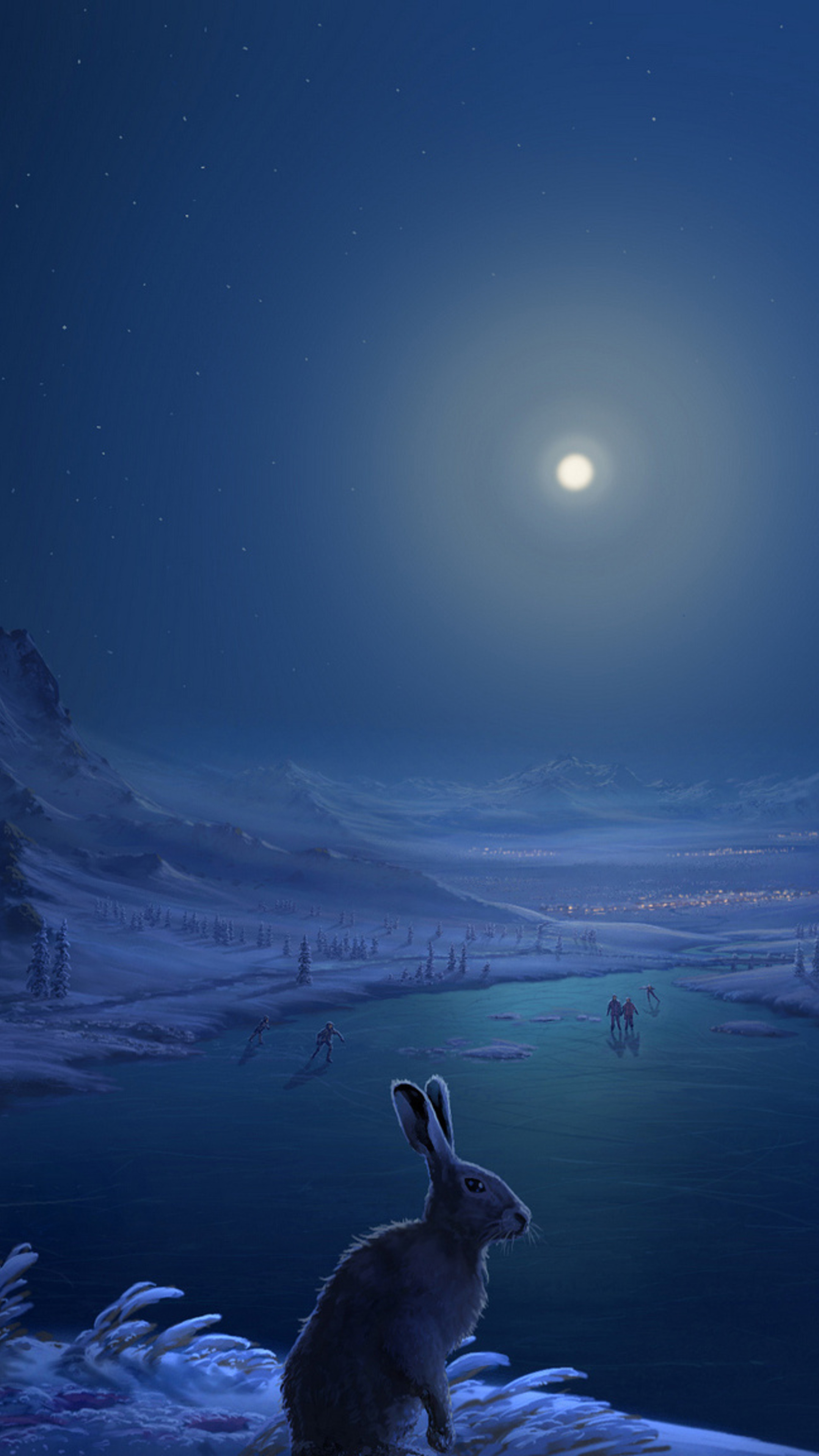 Rabbit by frozen lake, Dark night scene, Sony Xperia wallpapers, HD/4K images, 2160x3840 4K Handy