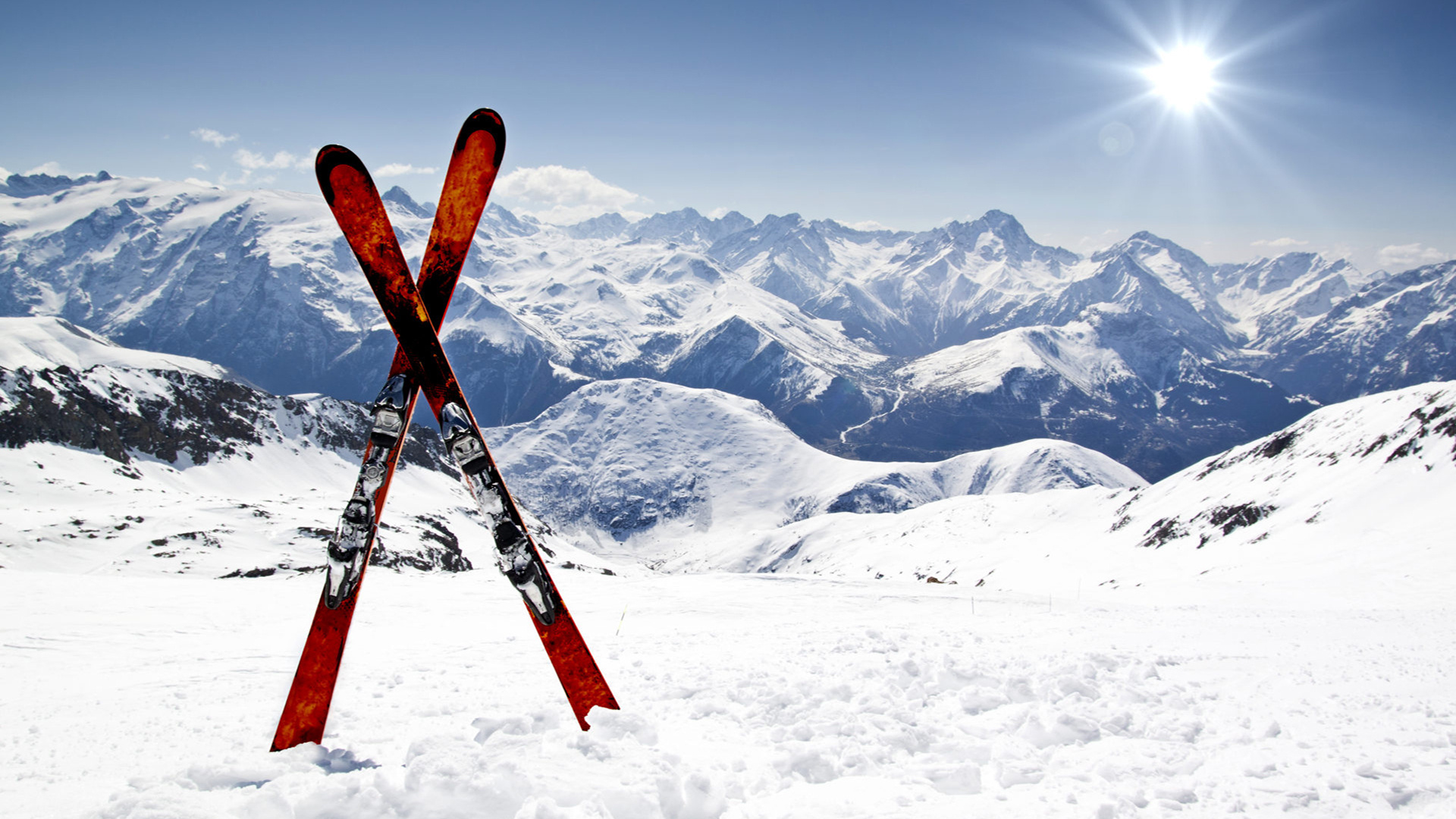 Skiing: Mountains, Downhill in a zigzag over a snow-covered track, Winter activity. 1920x1080 Full HD Background.