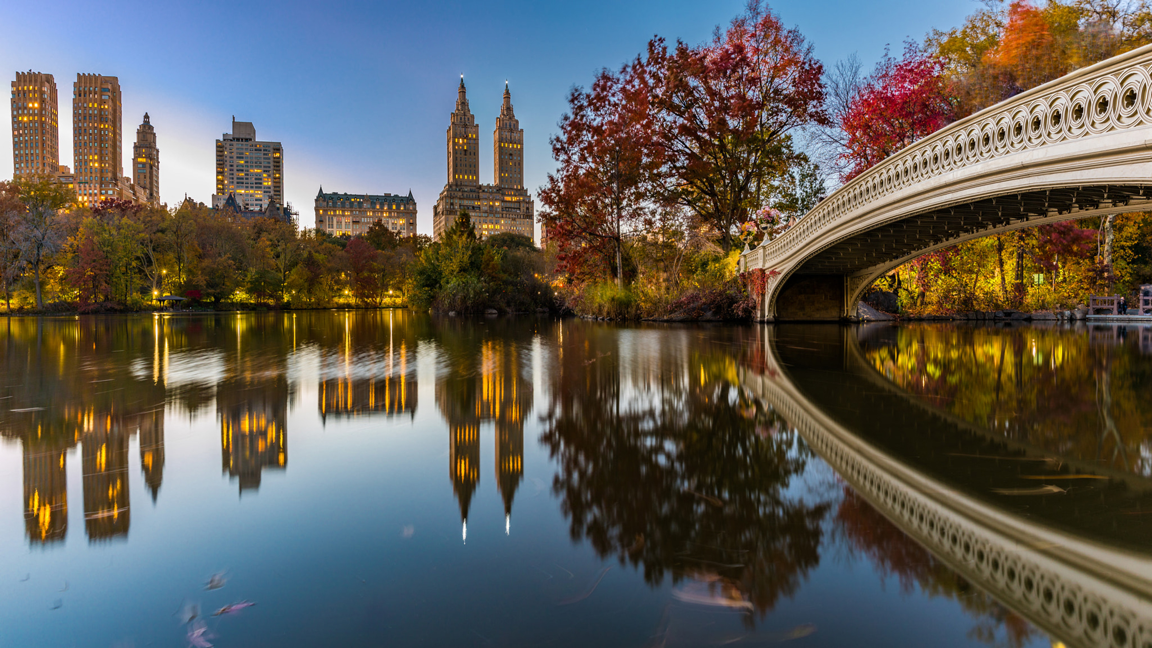 Central Park: Bow Bridge, A pedestrian walkway, Lake, New York, United States. 3840x2160 4K Background.
