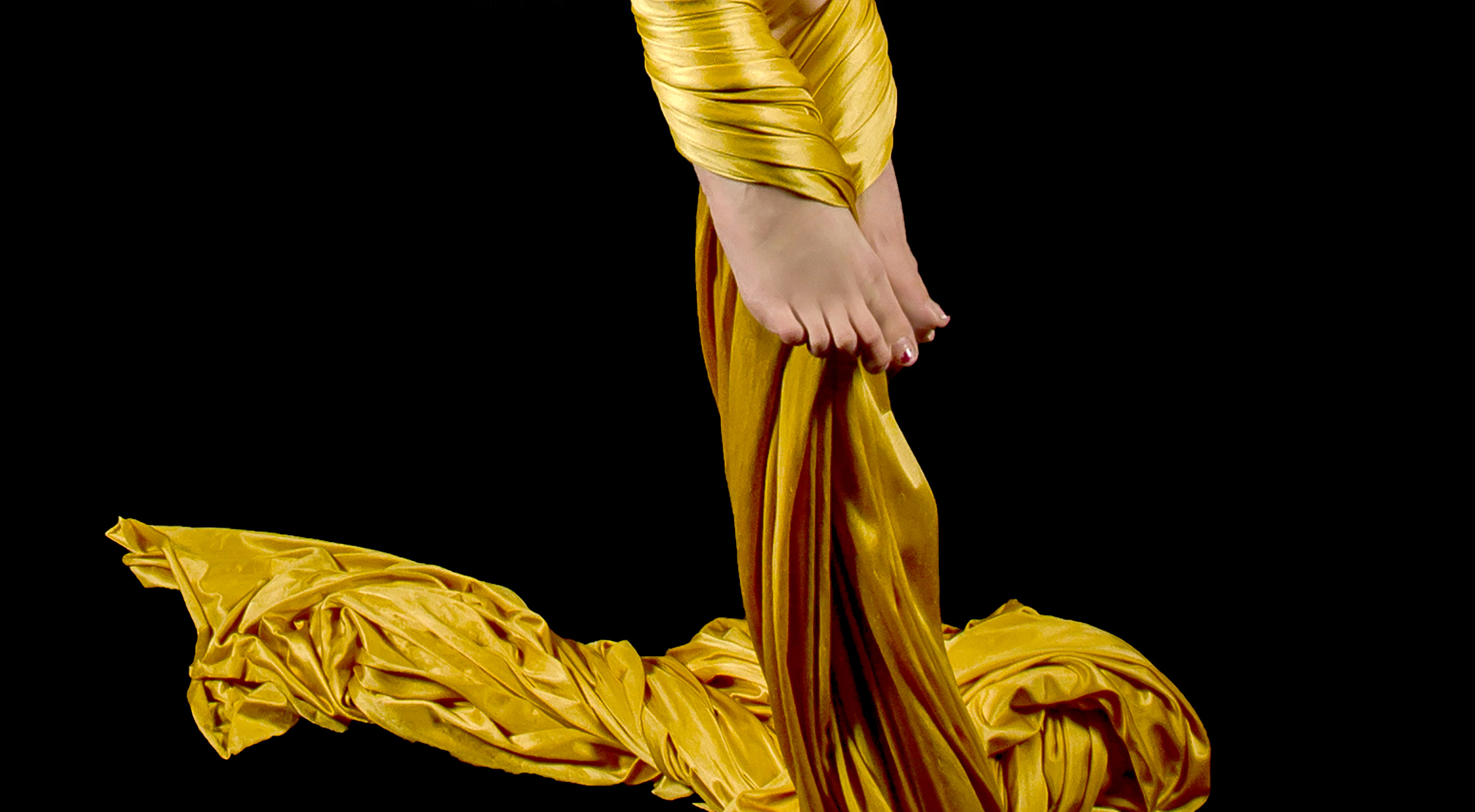 Aerial Silks: A golden ribbon used by a gymnastics performer, An artistic sports discipline. 3420x1890 HD Background.