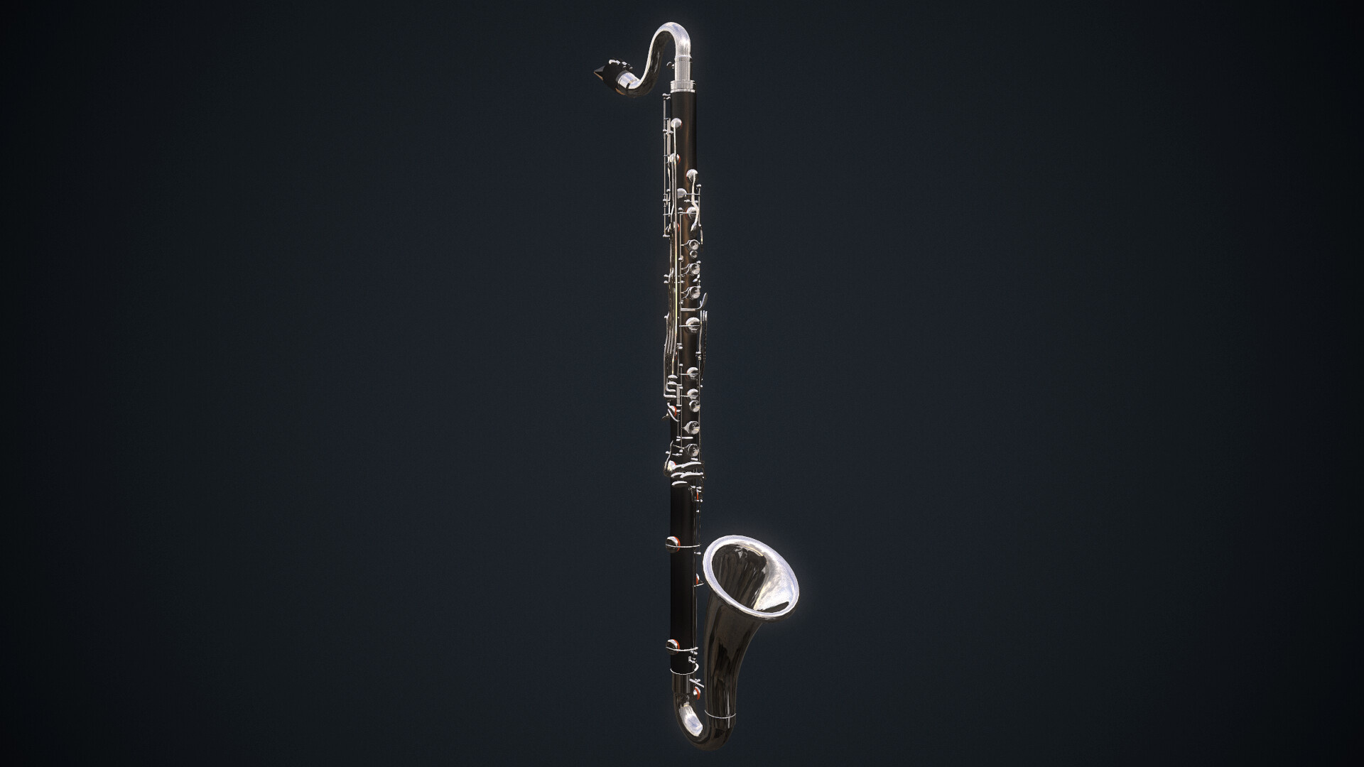 Clarinet: Straight-bodied bass clarinet, A small upturned silver-colored metal bell and curved metal neck. 1920x1080 Full HD Wallpaper.