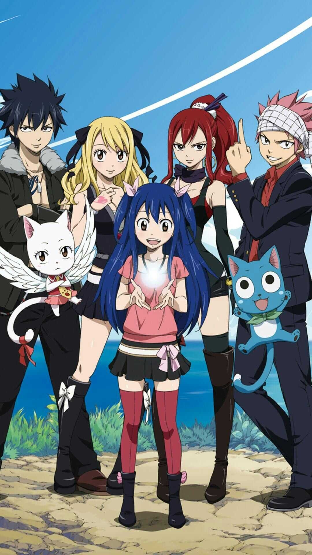 Happy (Fairy Tail): Team Natsu, Gray, Erza, Lucy, Japanese manga series. 1080x1920 Full HD Wallpaper.
