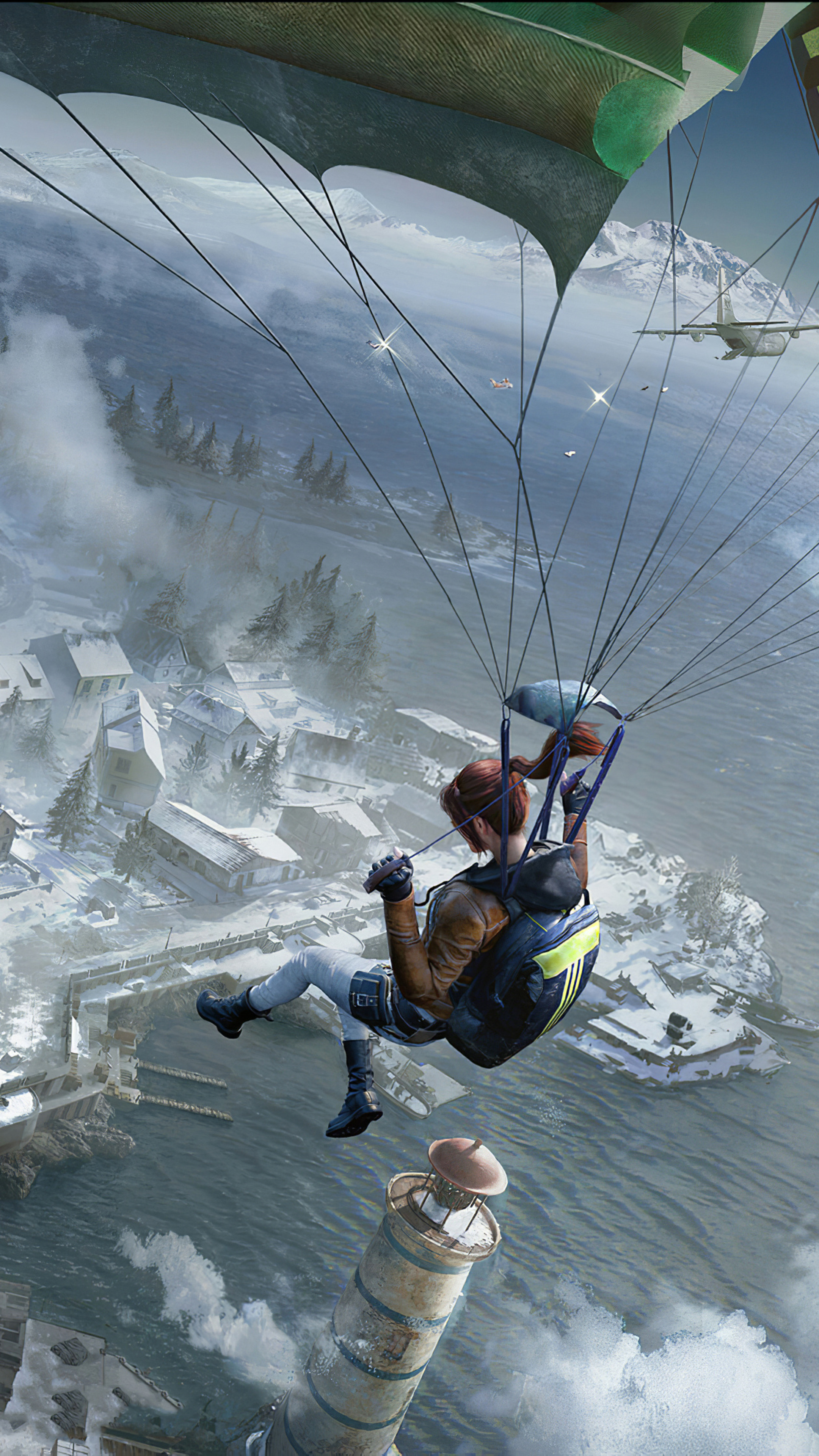 Parachuting: Vikendi winter map landing, PUBG video game fan art. 2160x3840 4K Background.