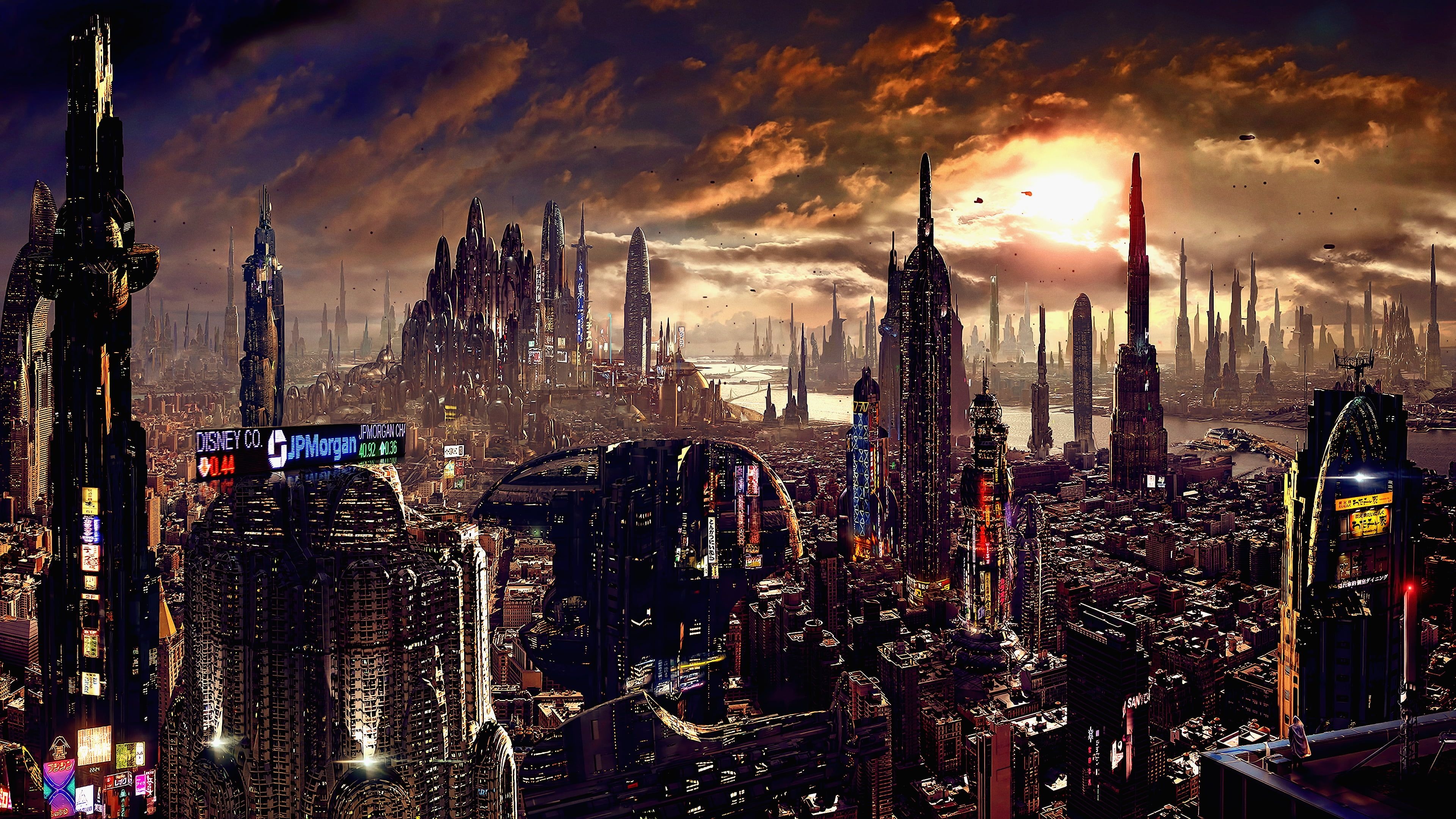 Futuristic City Skyline, Science fiction, Digital artwork, Urban landscape, 3840x2160 4K Desktop
