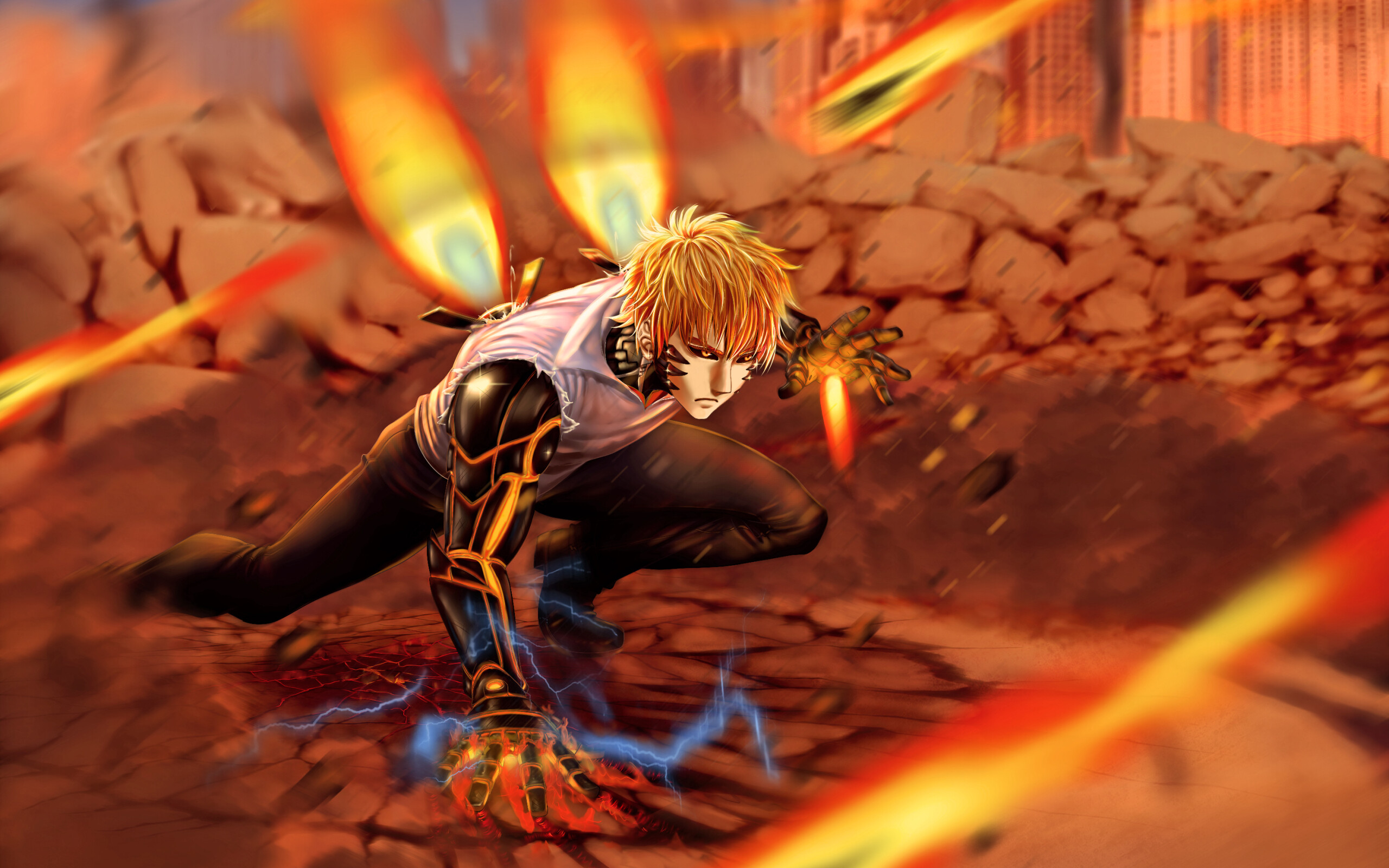 Genos: Cyborg that was heavily damaged by Gouketsu, Jet Drive Arrow, Sparring with Saitama. 2560x1600 HD Background.