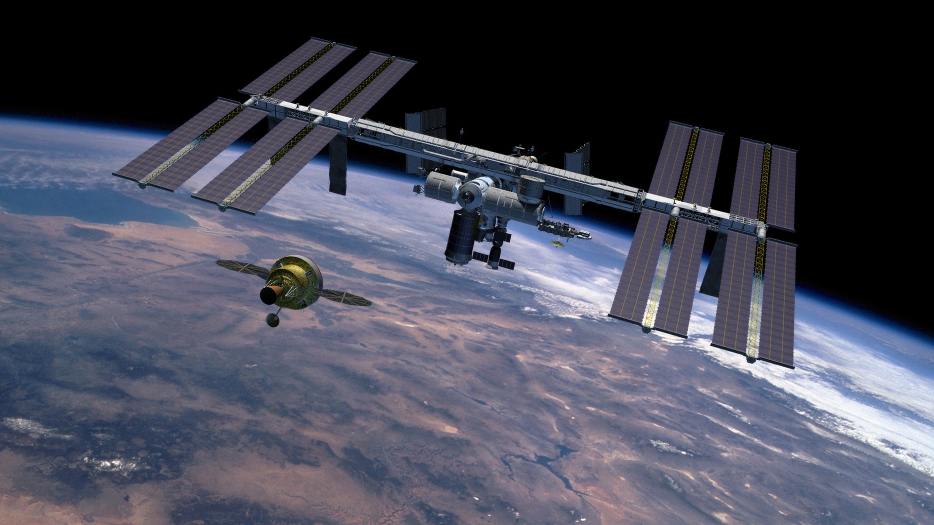Spacecraft: Orion, The orbit vehicle, NASA's Artemis program, ISS. 1920x1080 Full HD Background.