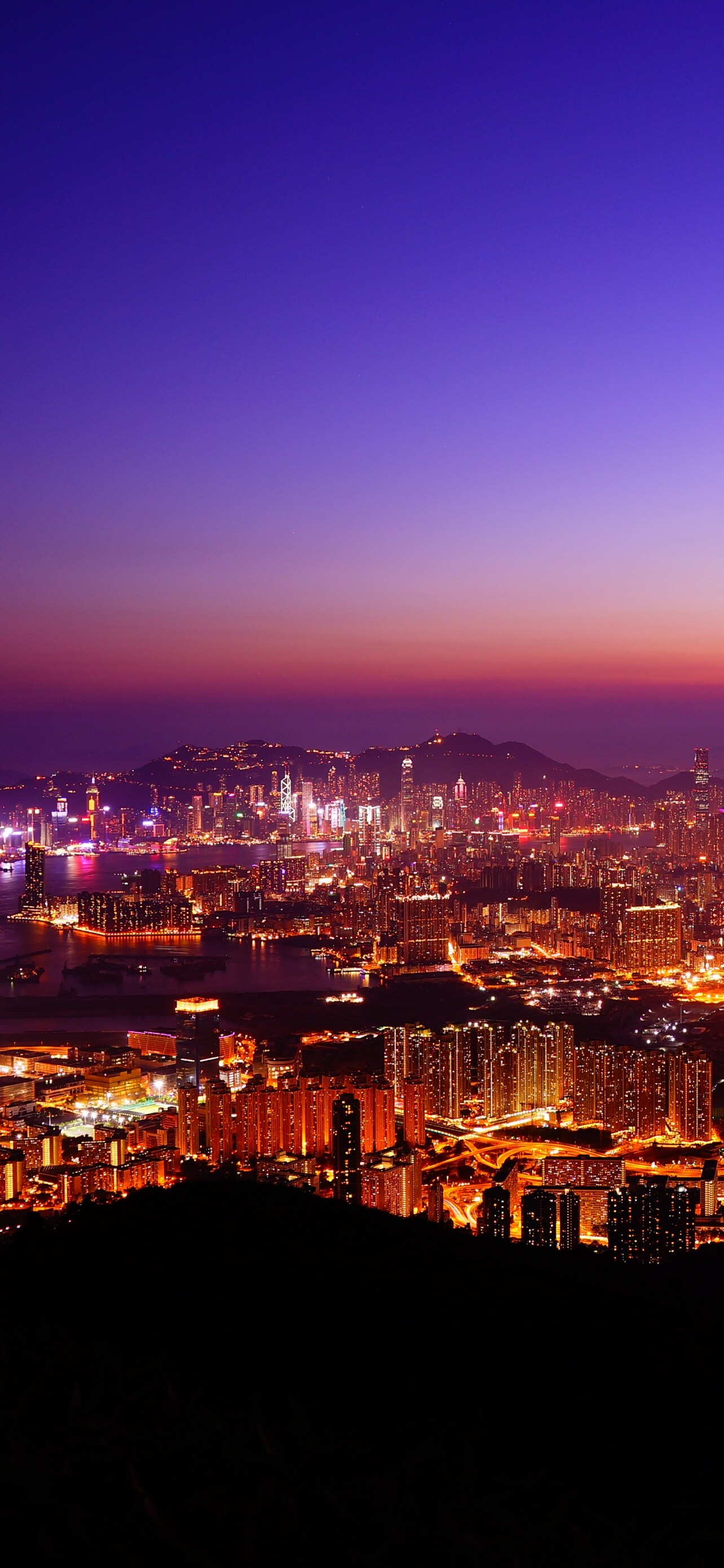 Hong Kong: Skyline, Sunset, Cityscape, Aerial view, Asia. 1290x2780 HD Background.