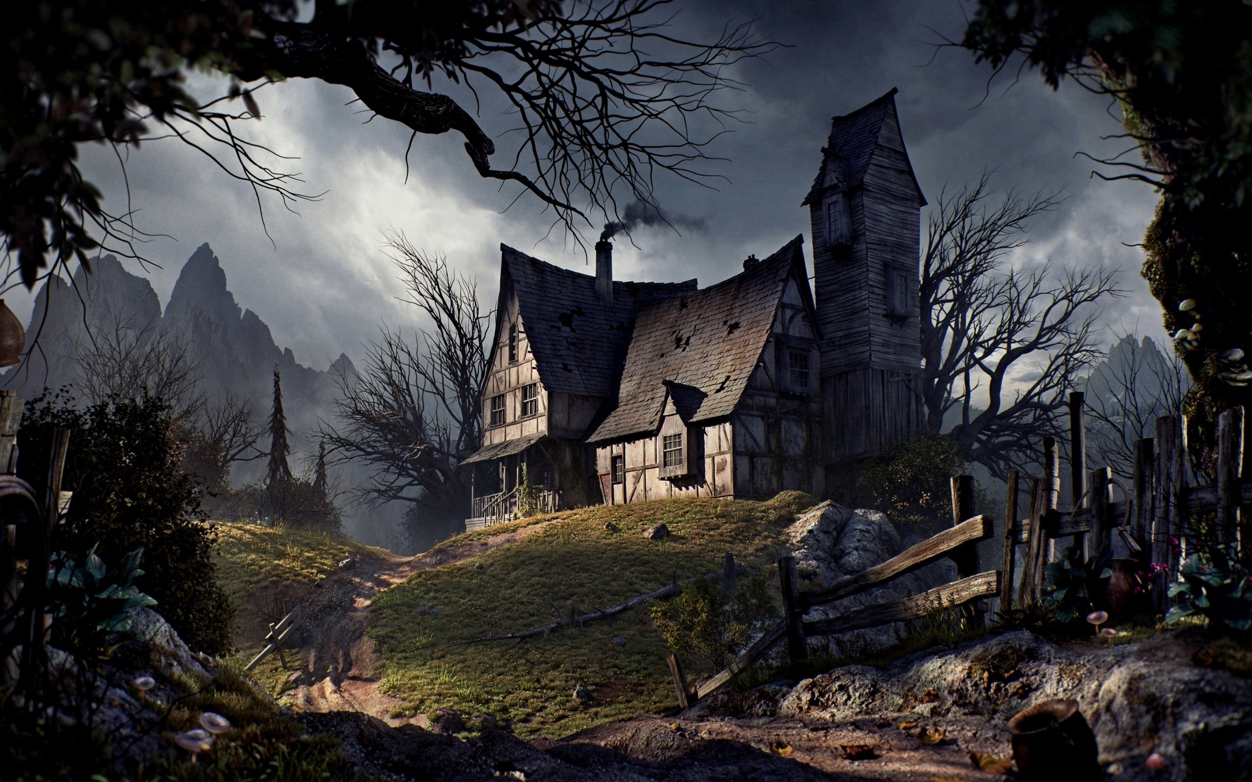 Mountains, Halloween horror, Haunted house, Eerie atmosphere, 2560x1600 HD Desktop