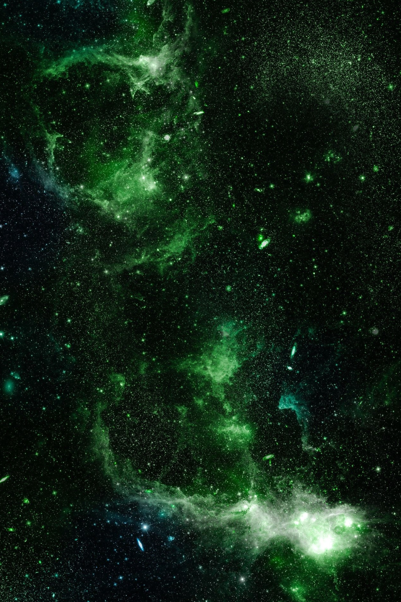 Green Nebula: A formation of ionized, neutral or molecular hydrogen and also cosmic dust. 1400x2100 HD Wallpaper.