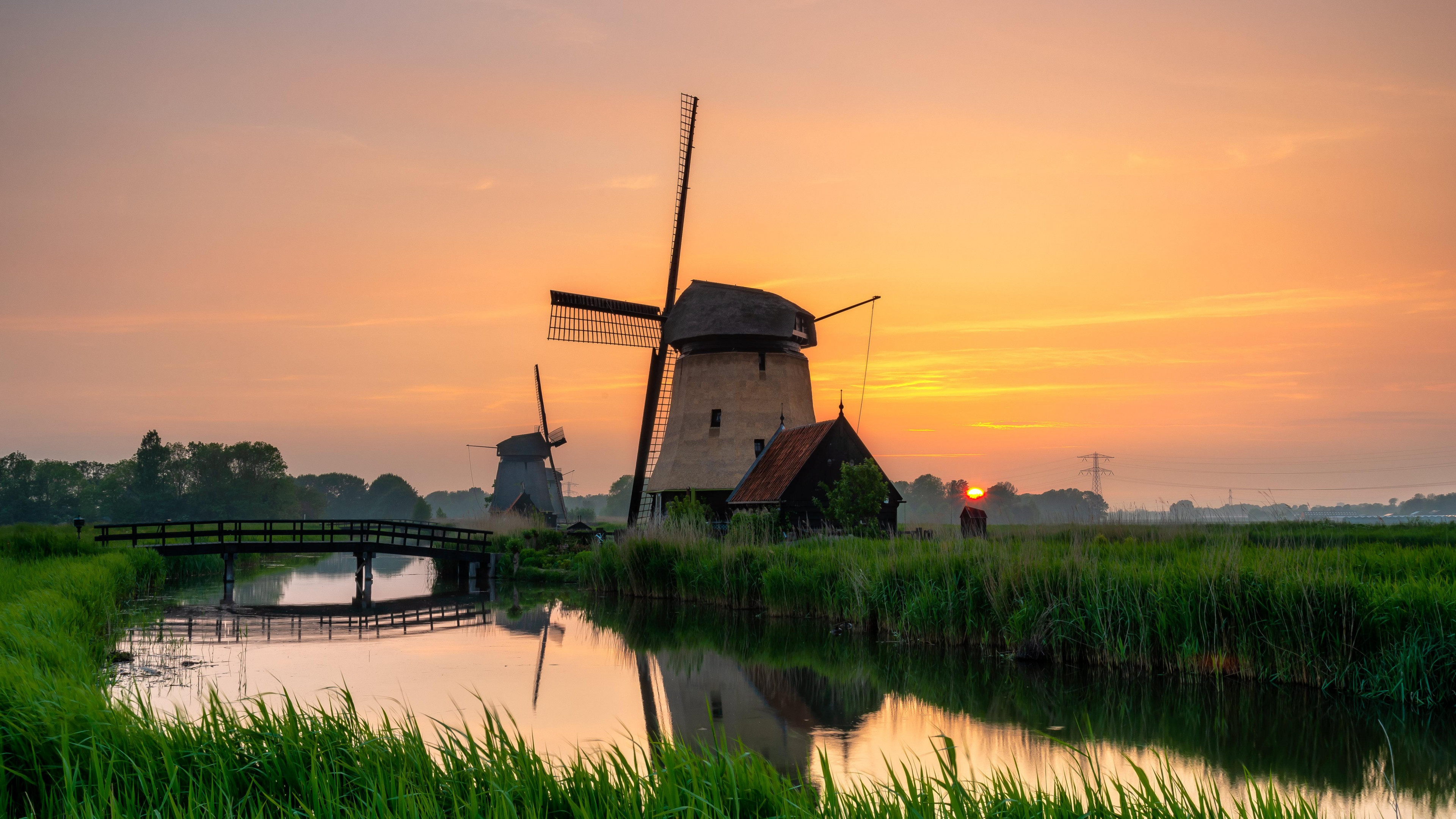 Windmills at Kinderdijk, River grass structure, HD widescreen, Fullscreen, 3840x2160 4K Desktop