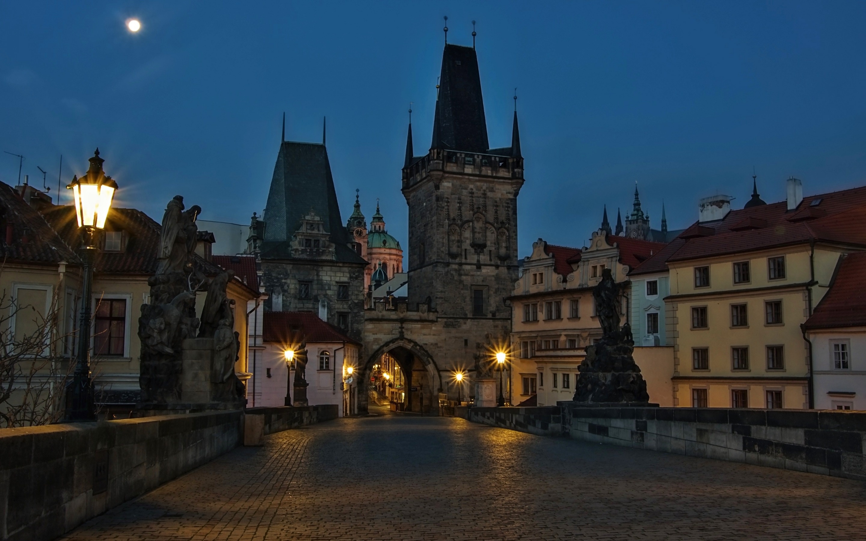 Charles Bridge Prague cityscape, Moonlit night, Czech Republic travel, High-quality wallpapers, 2880x1800 HD Desktop