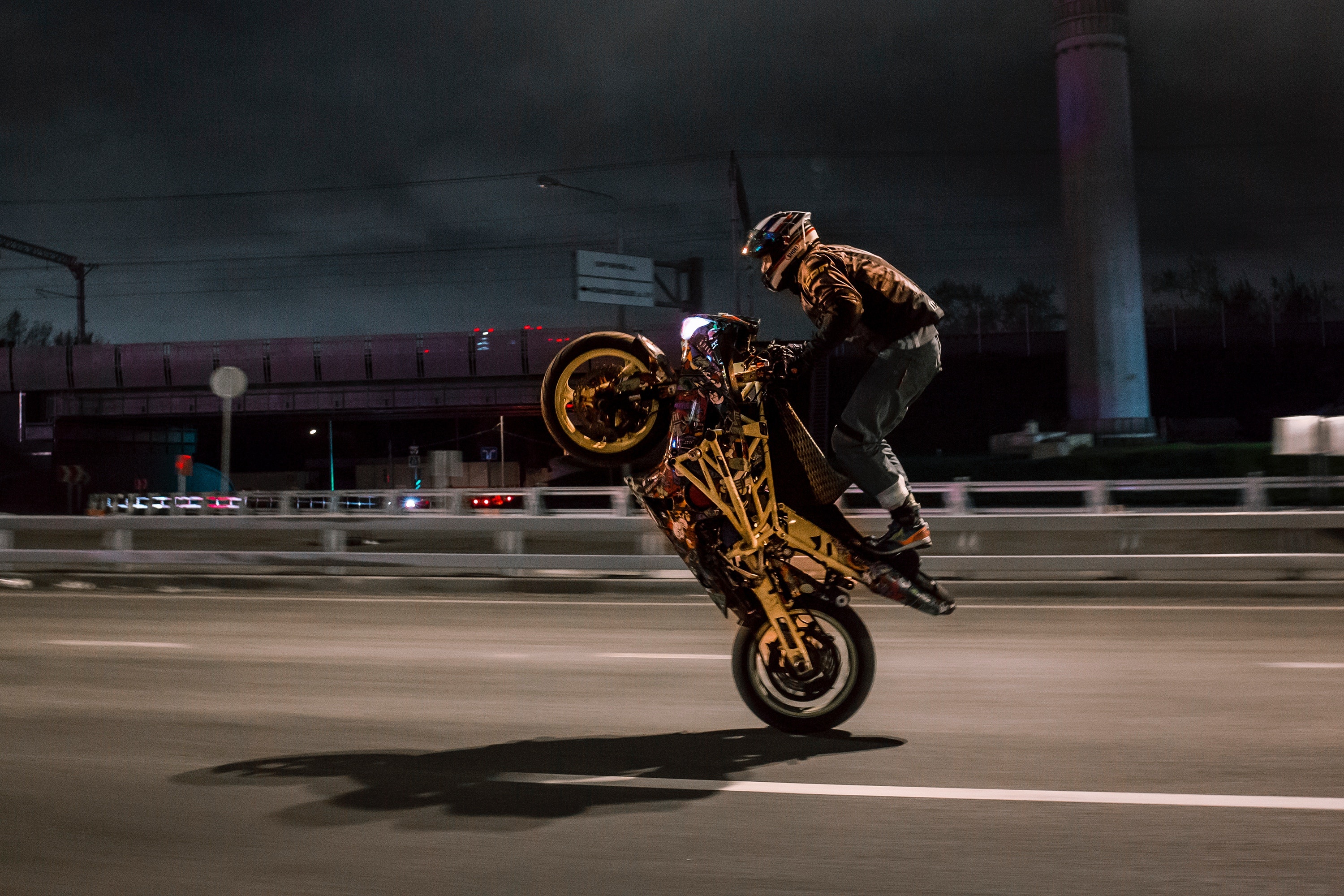 Stunt: Urban Biker Doing Wheelie, Modern sport motorcycle. 3000x2000 HD Wallpaper.