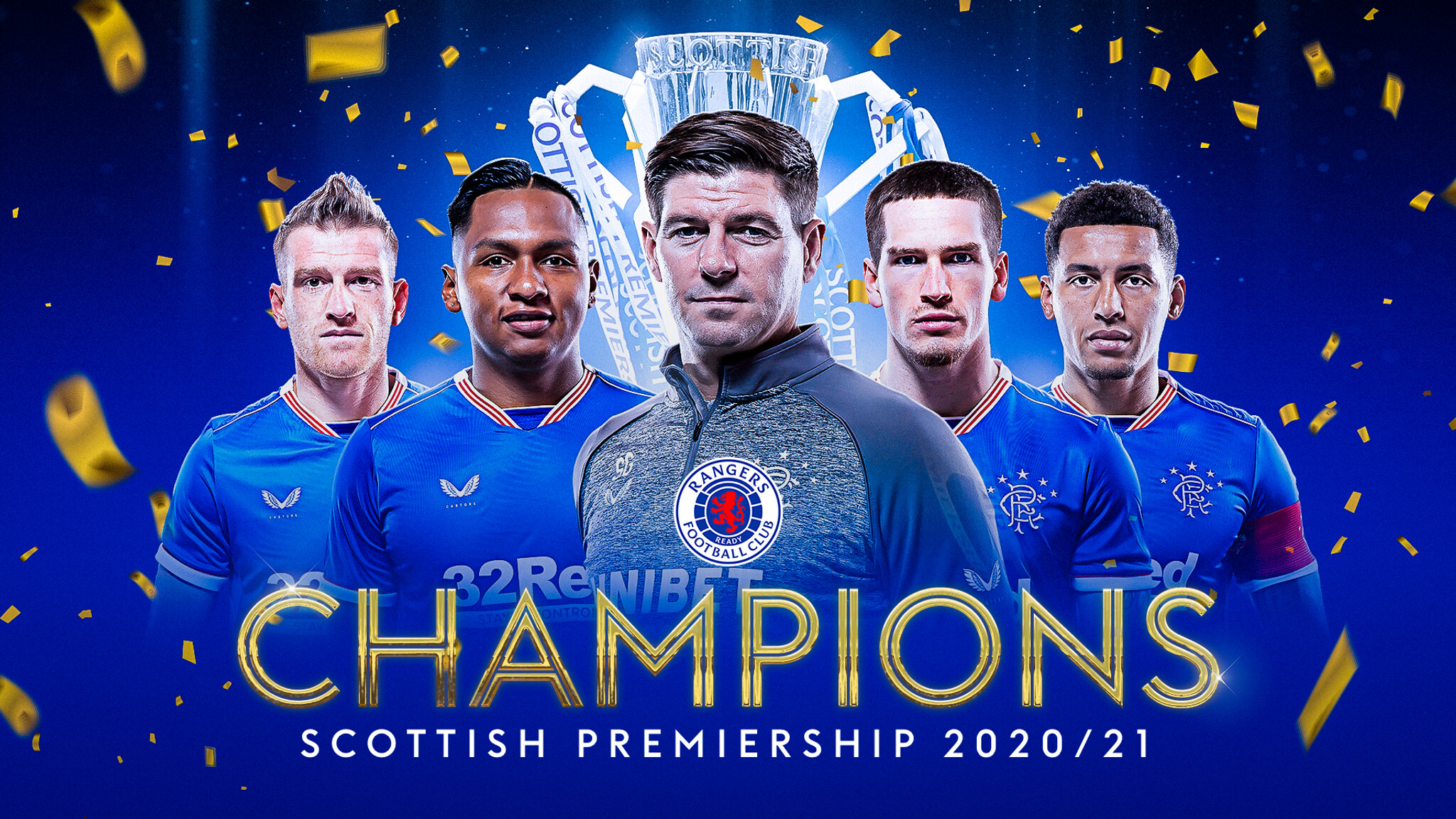 Rangers F.C.: Champions, Scottish Premiership 2020-21, Steven Gerrard, Alfredo Morelos, James Tavernier. 2050x1160 HD Wallpaper.