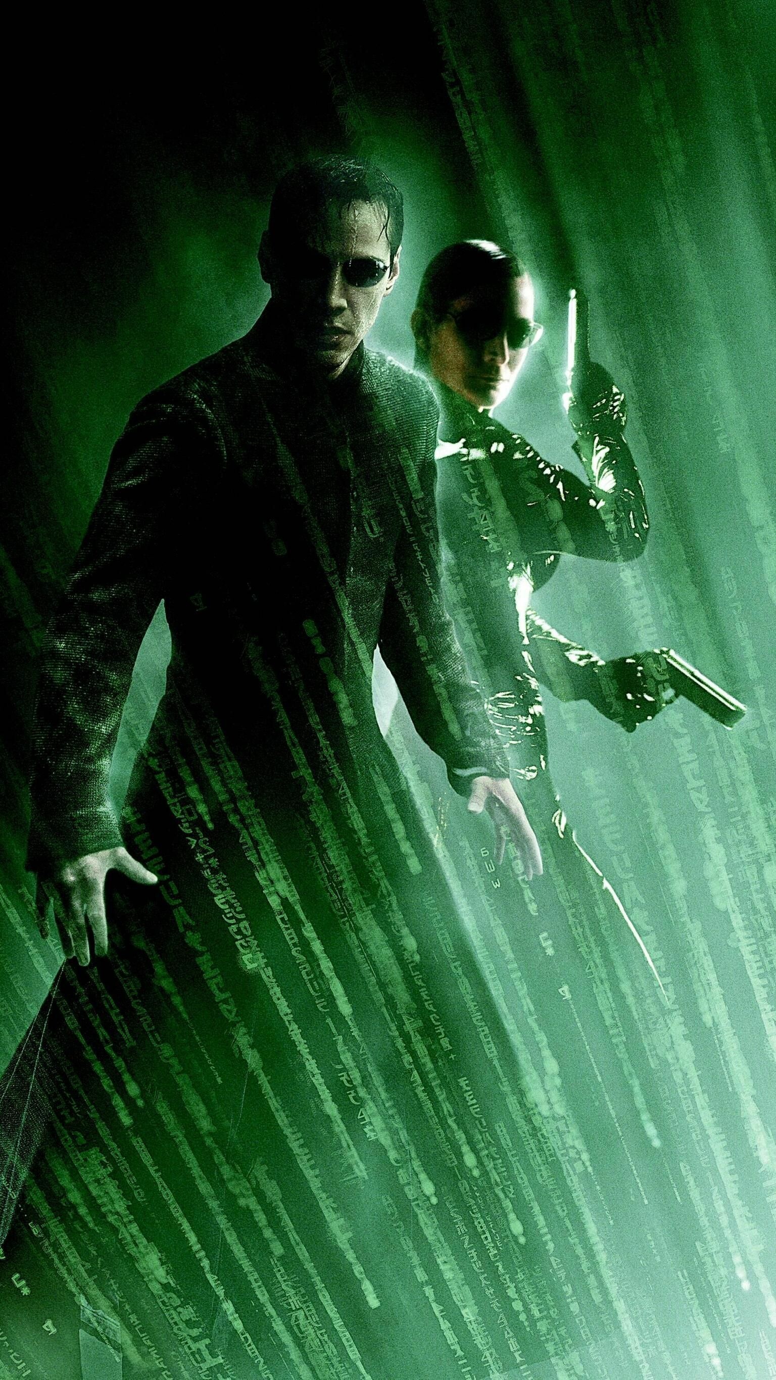 Matrix Franchise: Film series, starring Keanu Reeves, Laurence Fishburne, Carrie-Anne Moss. 1540x2740 HD Background.