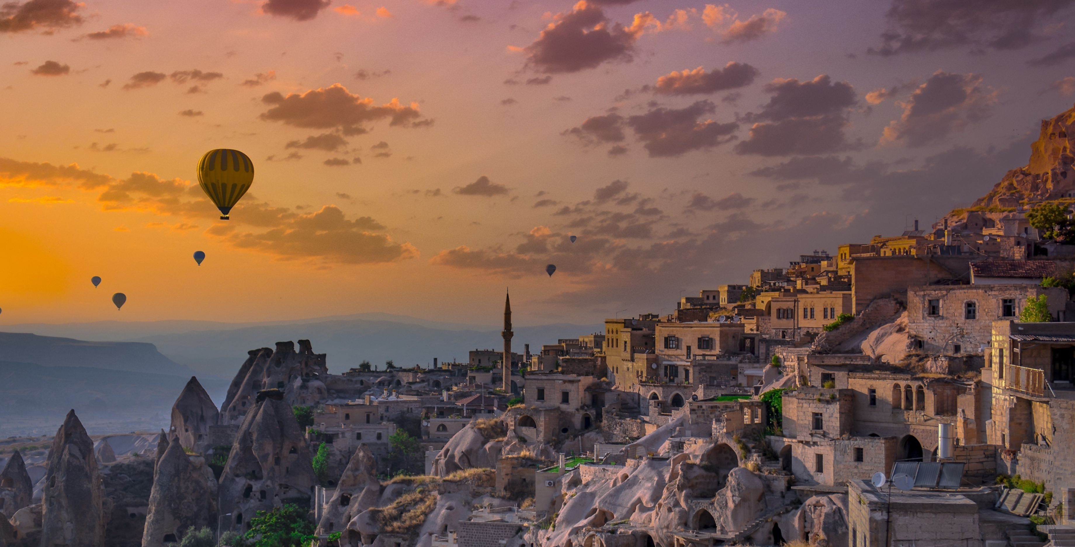 Cappadocia, Sunset view, Turkey, Scenic hot air balloons, 3680x1880 HD Desktop