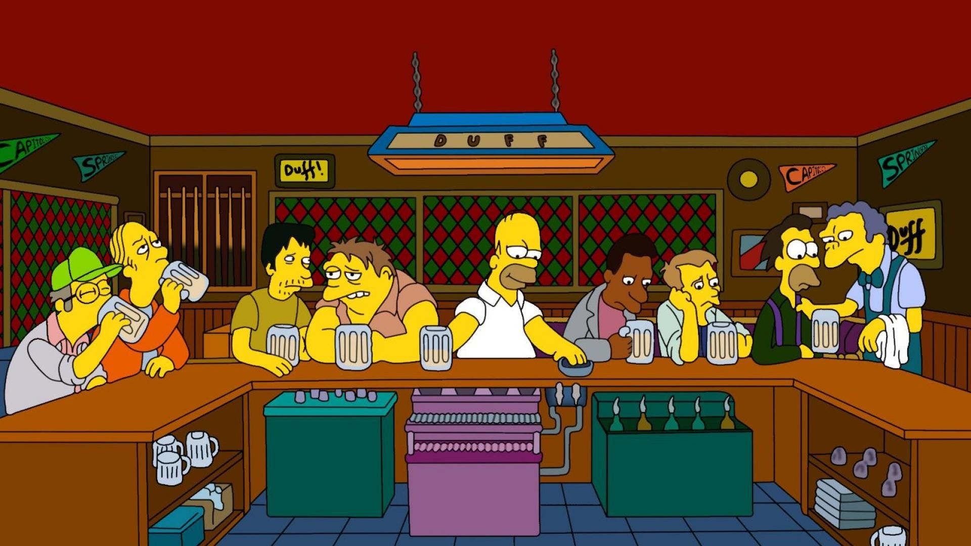 Homer Simpson, Cartoon humor, Duff Bar, Moe Szyslak crossover, 1920x1080 Full HD Desktop