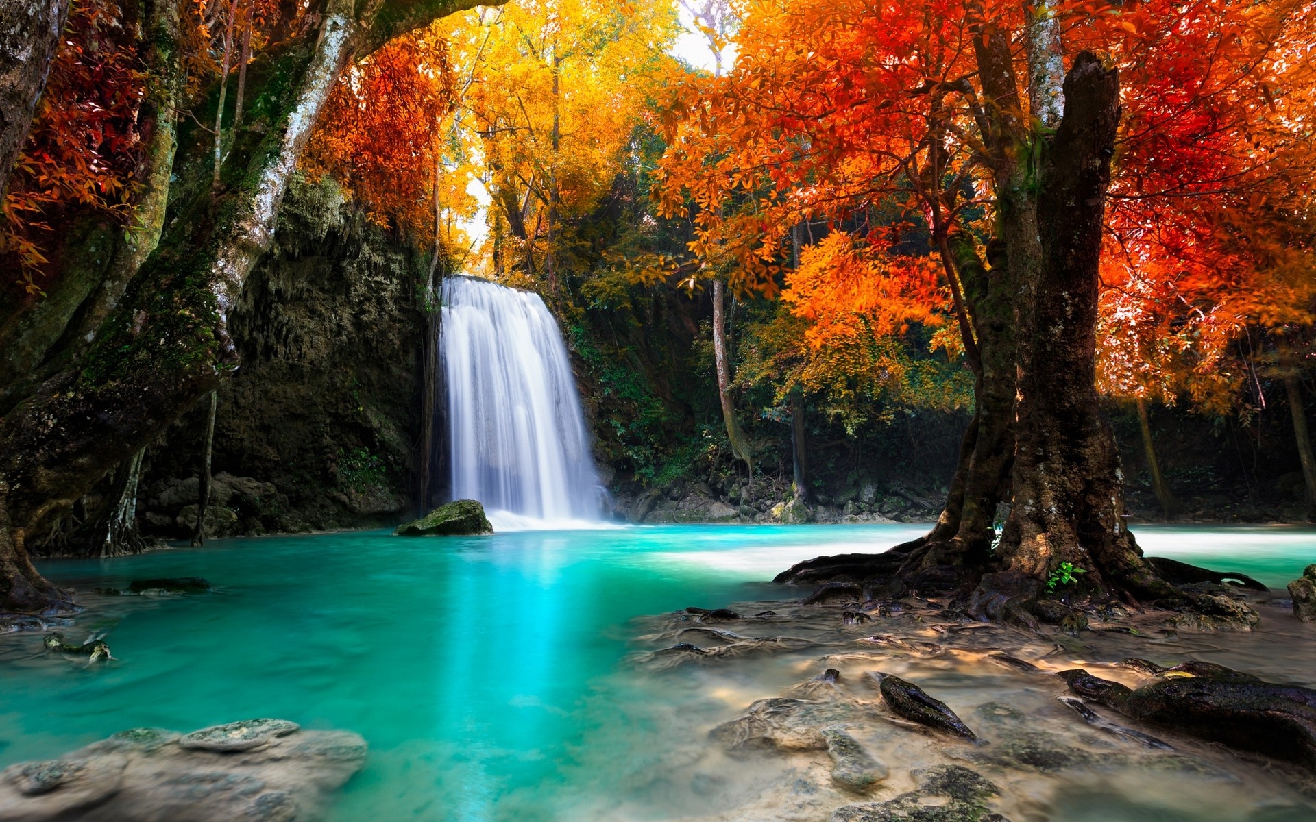 Erawan National Park, Travels, Colorful fall forest, Waterfall, 1920x1200 HD Desktop