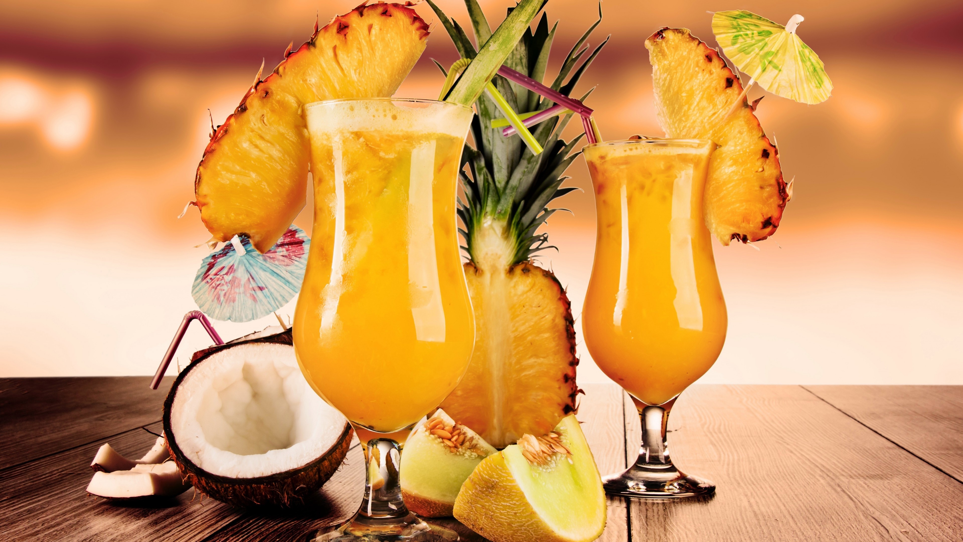 Cocktails juice fruit, Pineapple coconut melon, Ice food 745, 3840x2160 4K Desktop