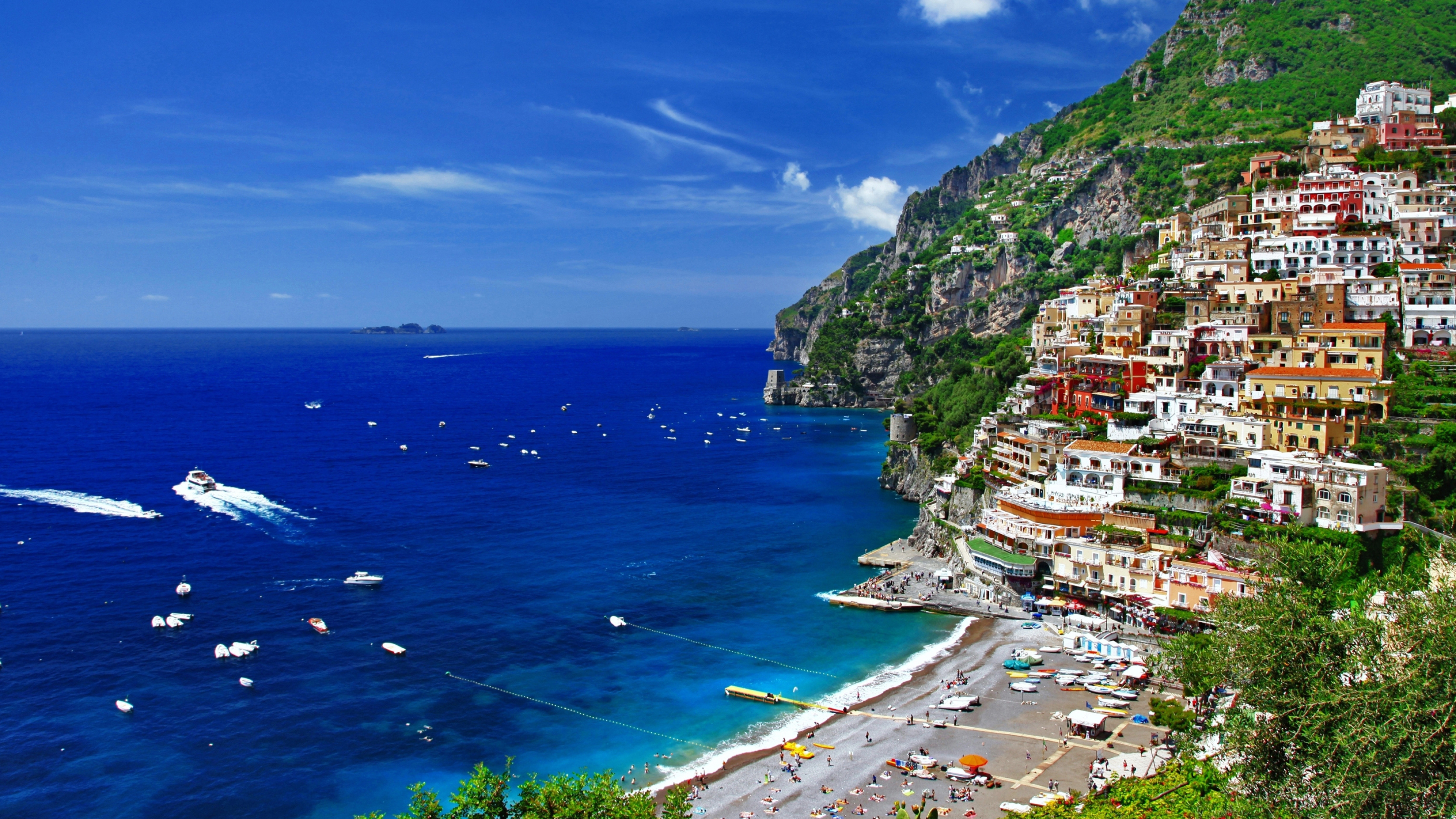 Skyline: The Amalfi Coast, The blue water Tyrrhenian Sea and the Gulf of Salerno, Southern Italy. 3840x2160 4K Wallpaper.