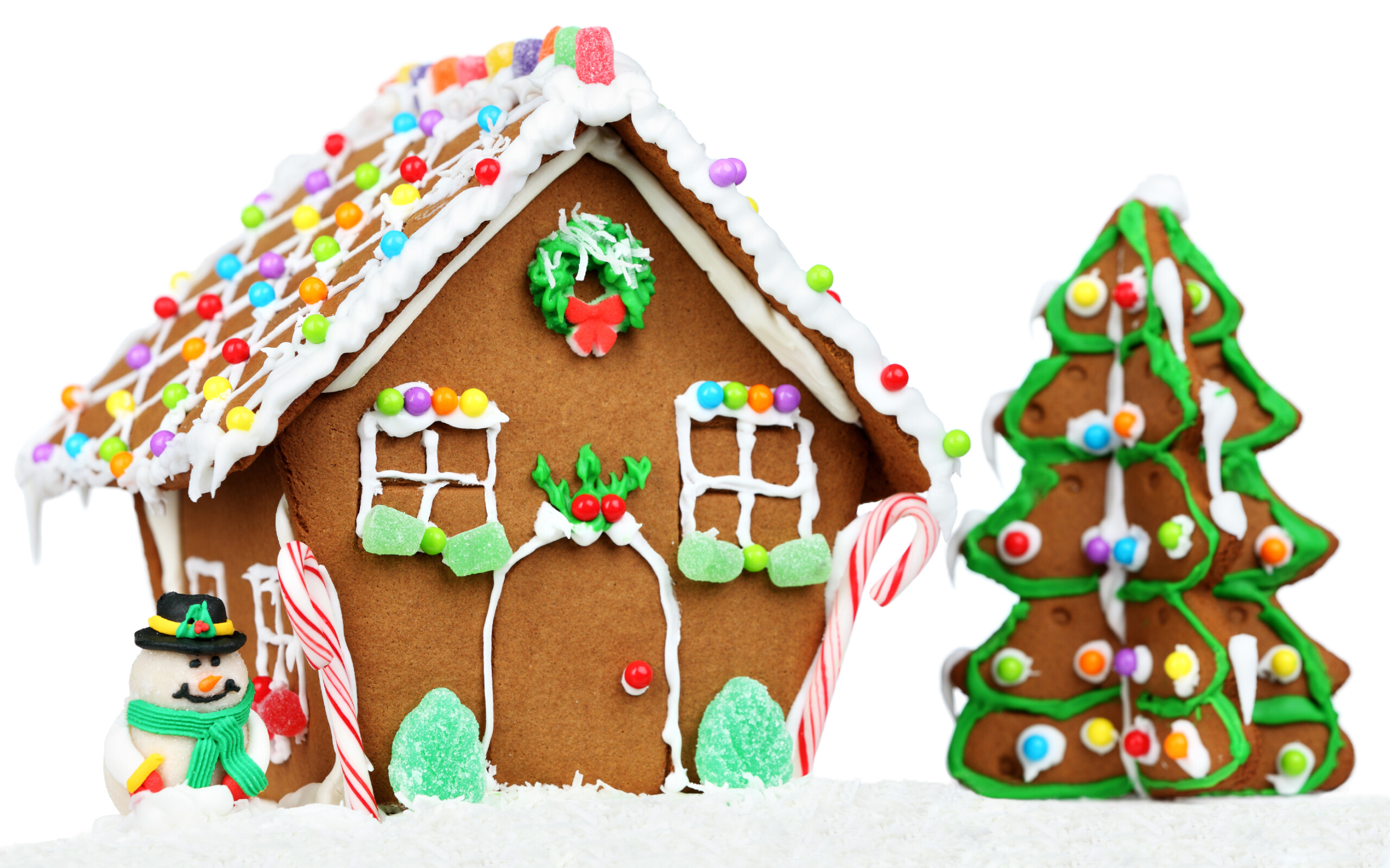 Gingerbread House: Gumdrops, M&Ms, Candy canes, Gingerbread Christmas tree ornaments. 2560x1600 HD Background.