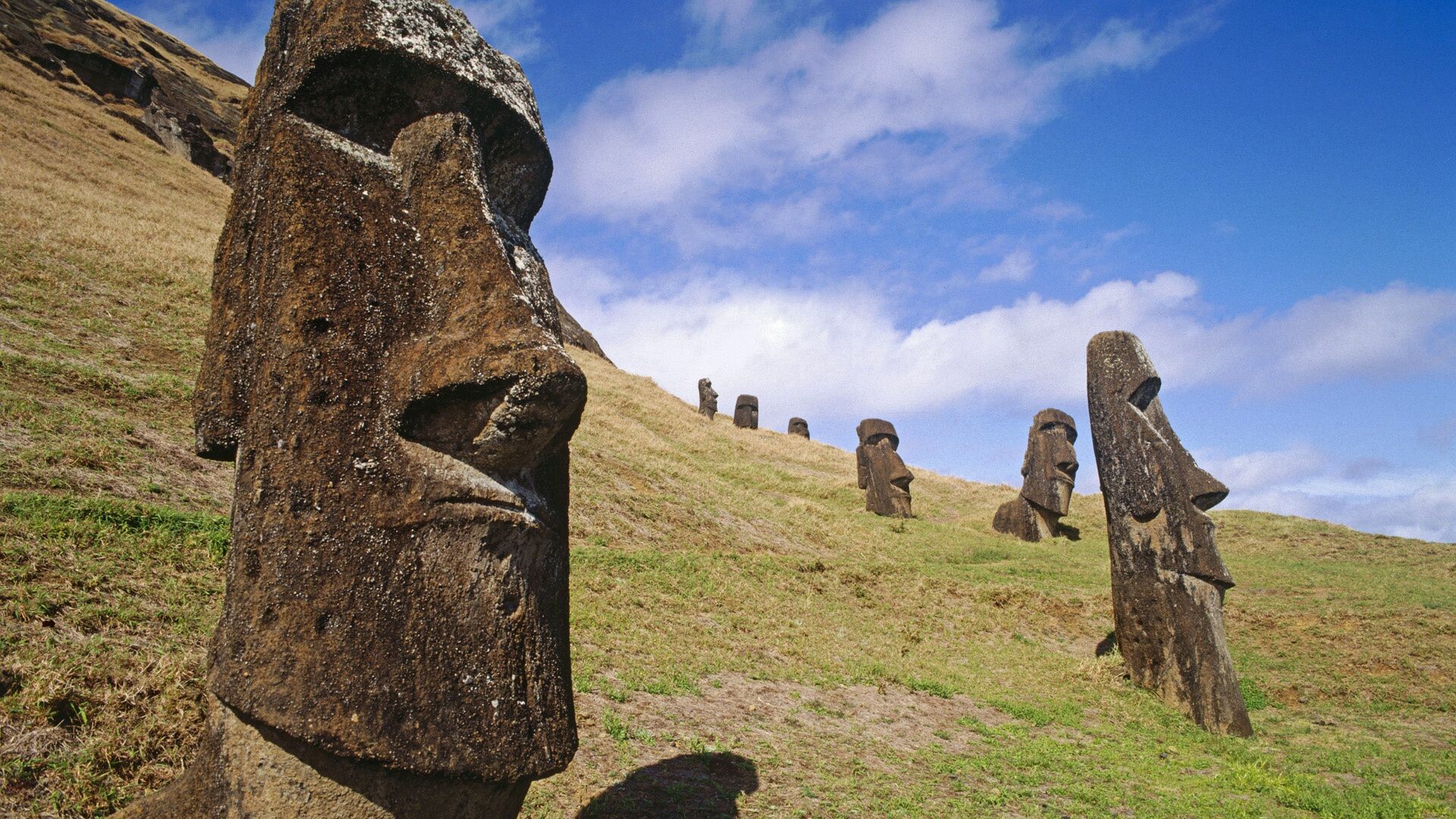 Moai: Easter Island, Most of the statues were carved from volcanic ash known as tuff. 1920x1080 Full HD Wallpaper.