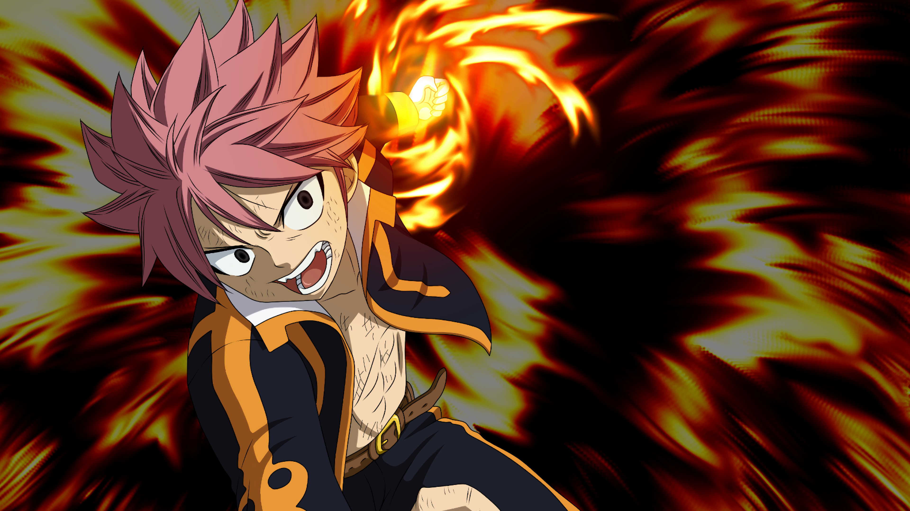 Natsu (Fairy Tail): The Fire Dragon Slayer, Wizard, Attack, Flames. 3840x2160 4K Wallpaper.