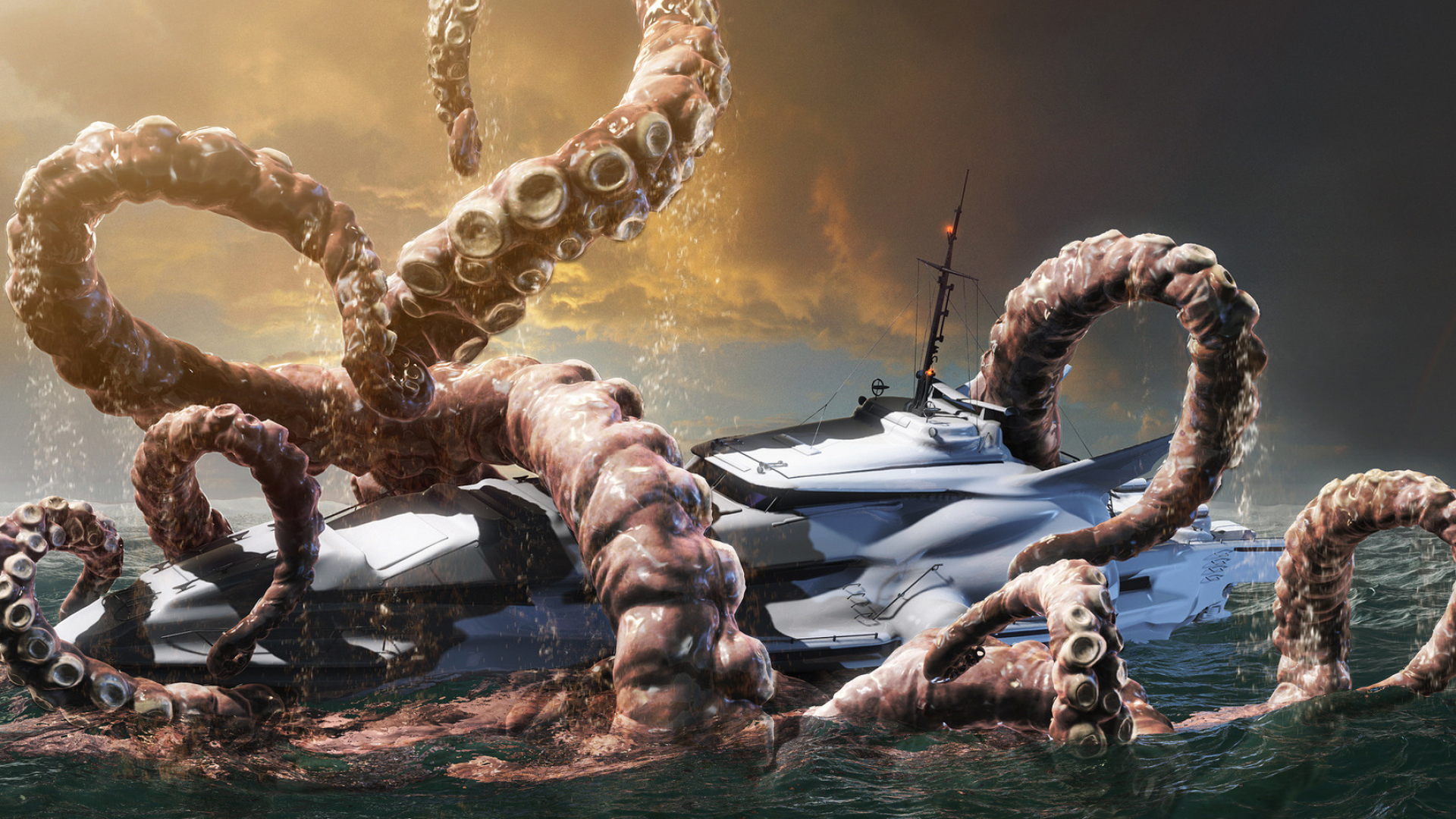 Kraken vs yacht, Fantasy battle scene, Epic sea creature, Oceanic power, 1920x1080 Full HD Desktop