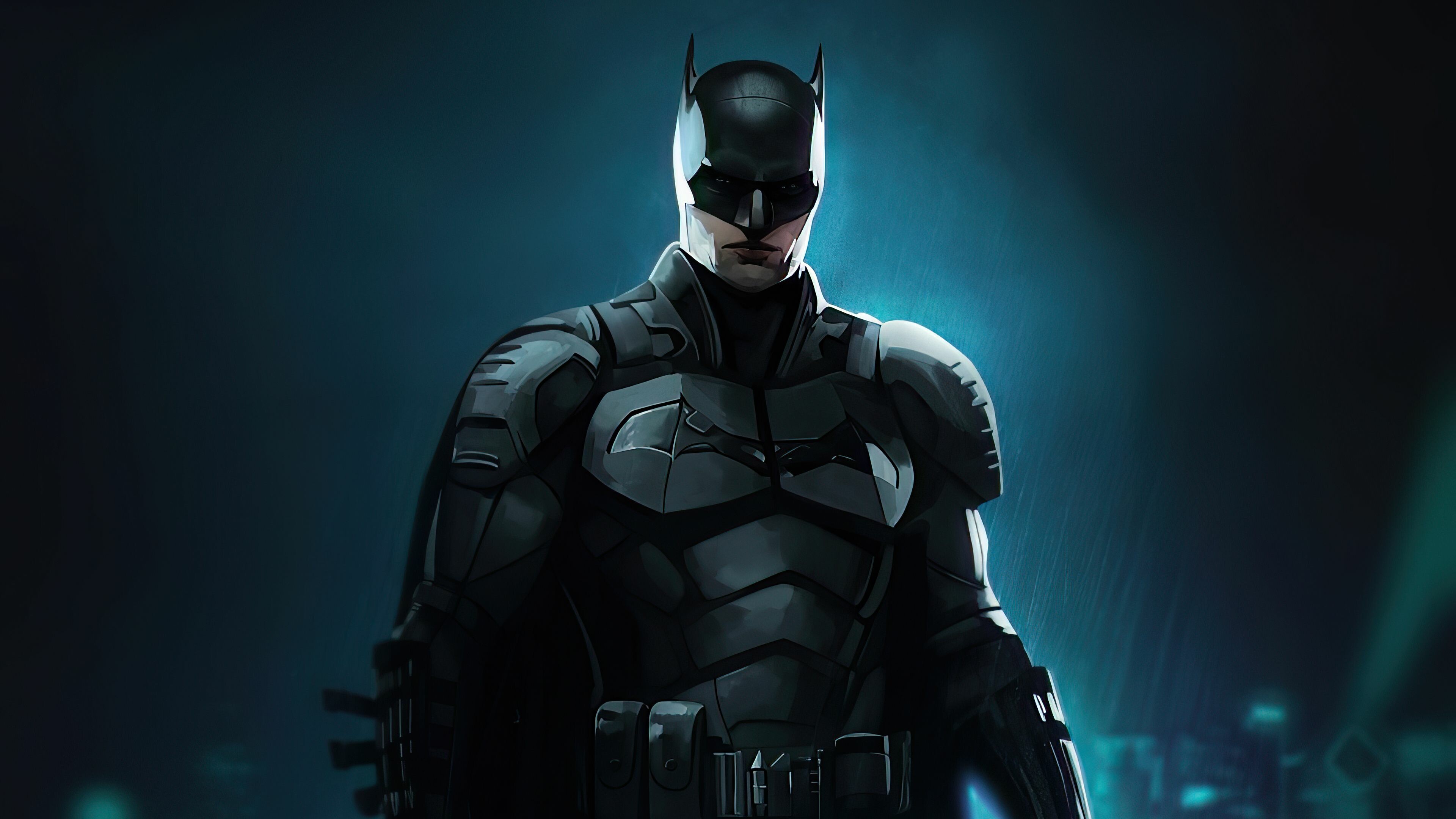 The Batman (2022): The titular hero pursuing the Riddler, a serial killer who targets Gotham's elite. 3840x2160 4K Wallpaper.